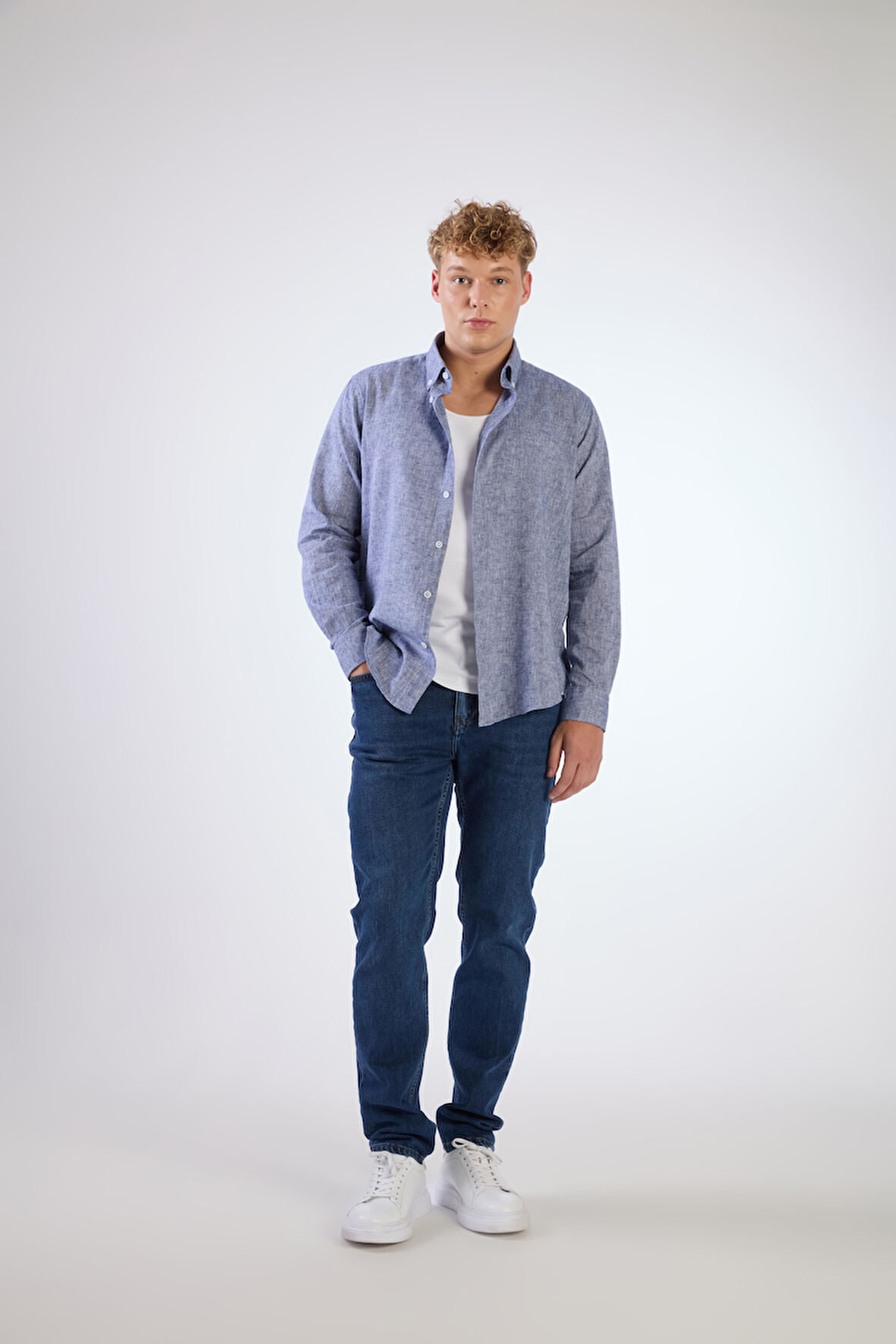 Koyu Lacivert Keten Düz Renk Regular Fit Erkek Gömlek