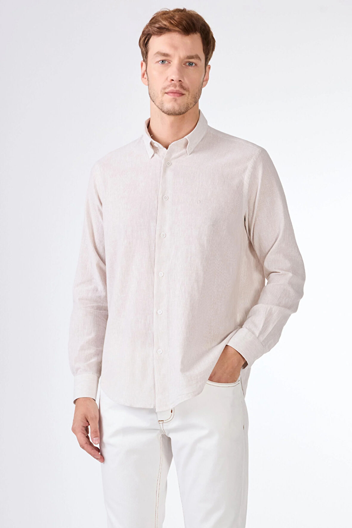 Bej Keten Düz Uzun Kol Regular Fit Erkek Gömlek 