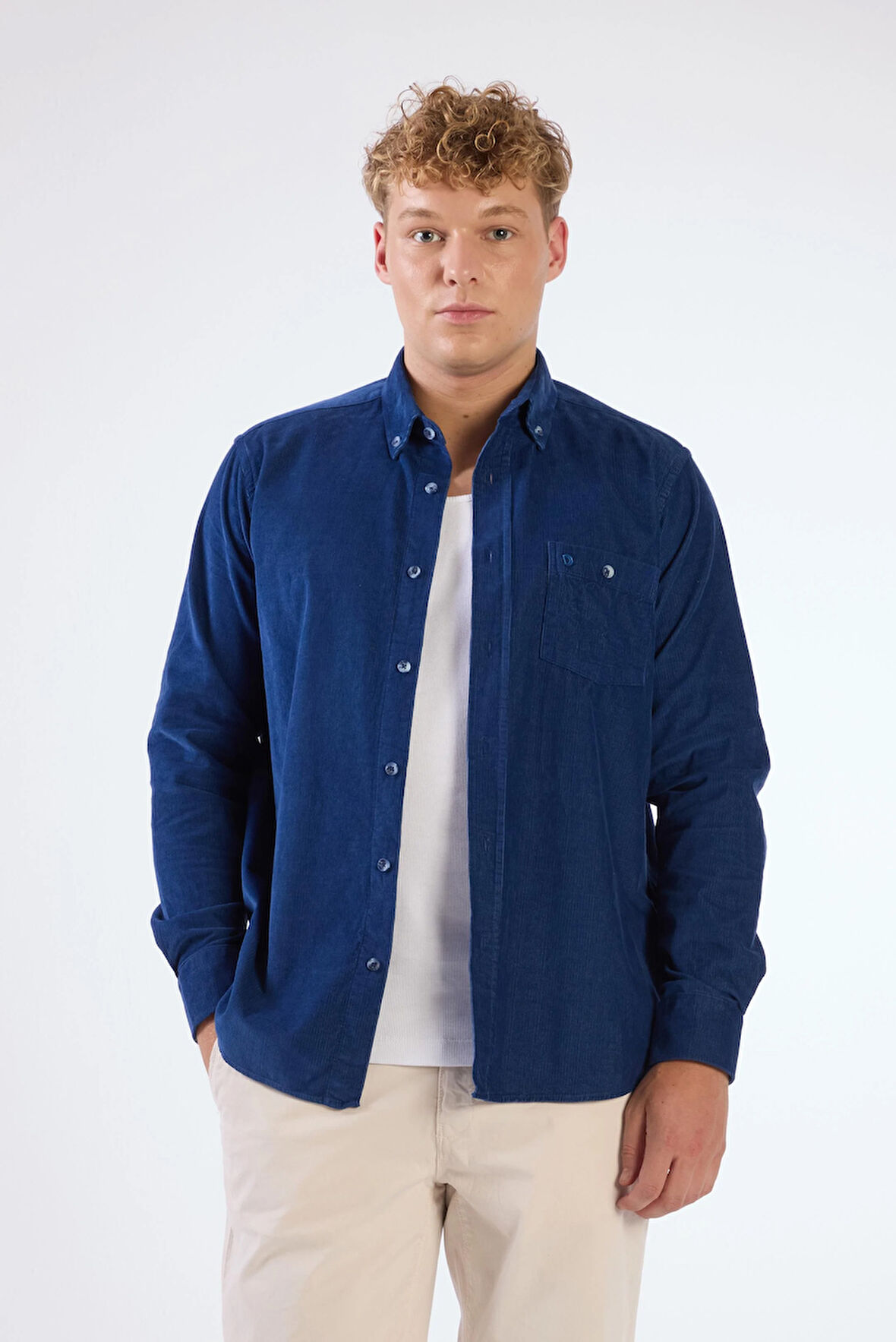 Açık Lacivert Fitilli Uzun Kol Regular Fit Erkek Gömlek 