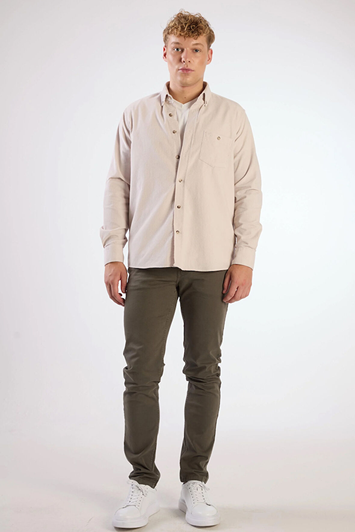 Bej Fitilli Uzun Kol Regular Fit Erkek Gömlek 