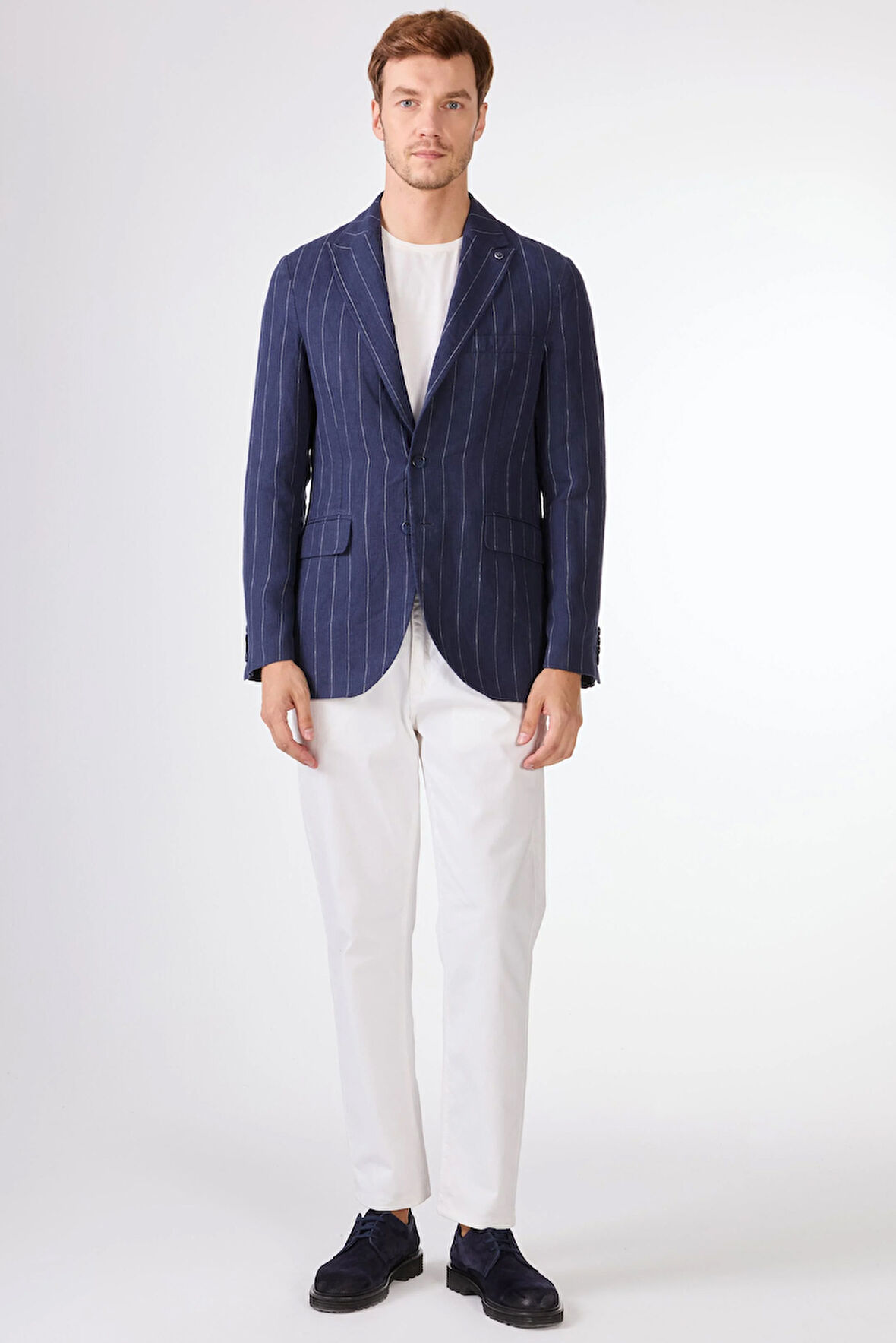 Lacivert Erkek Regular Fit Çizgili Sivri Yaka Keten Ceket 
