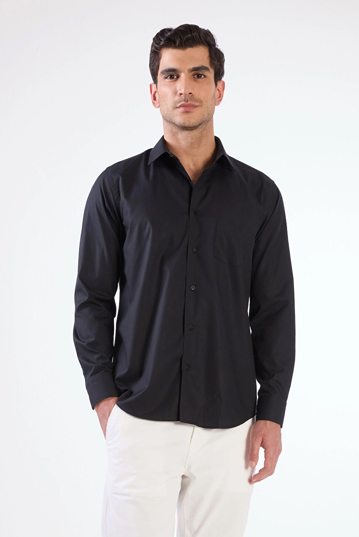 Siyah Pamuk Regular Fit Uzun Kol Erkek Gömlek 
