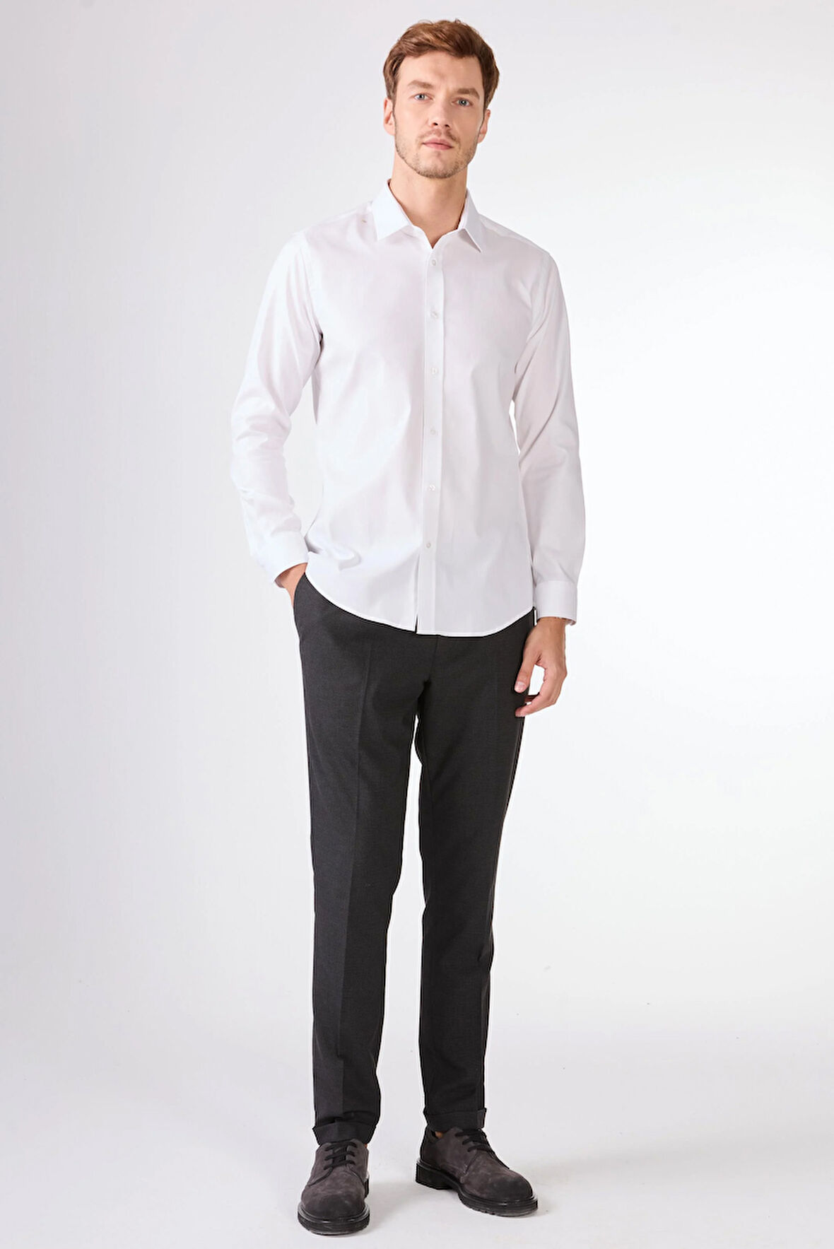 Beyaz Düz  Uzun Kol Slim Fit Erkek Gömlek 