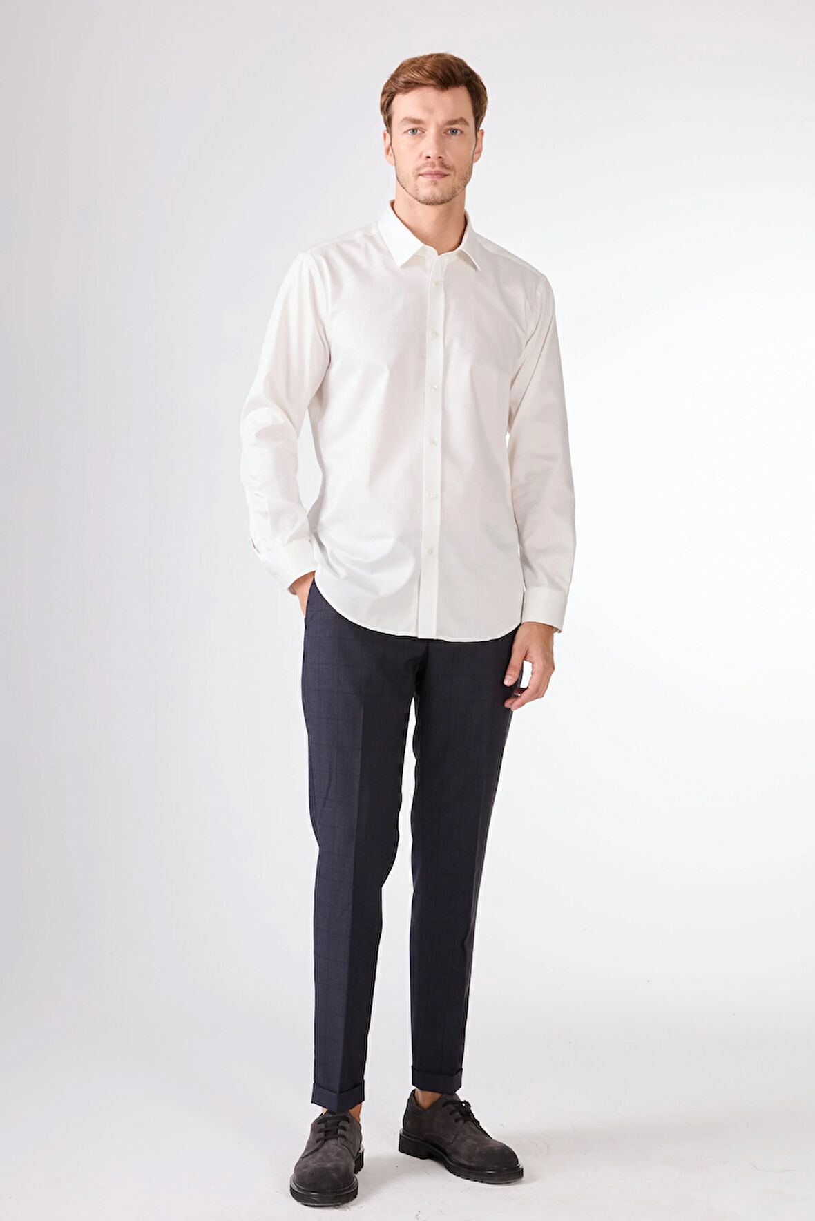 Kırık Beyaz  Düz Slim Fit Uzun Kol Erkek Gömlek 