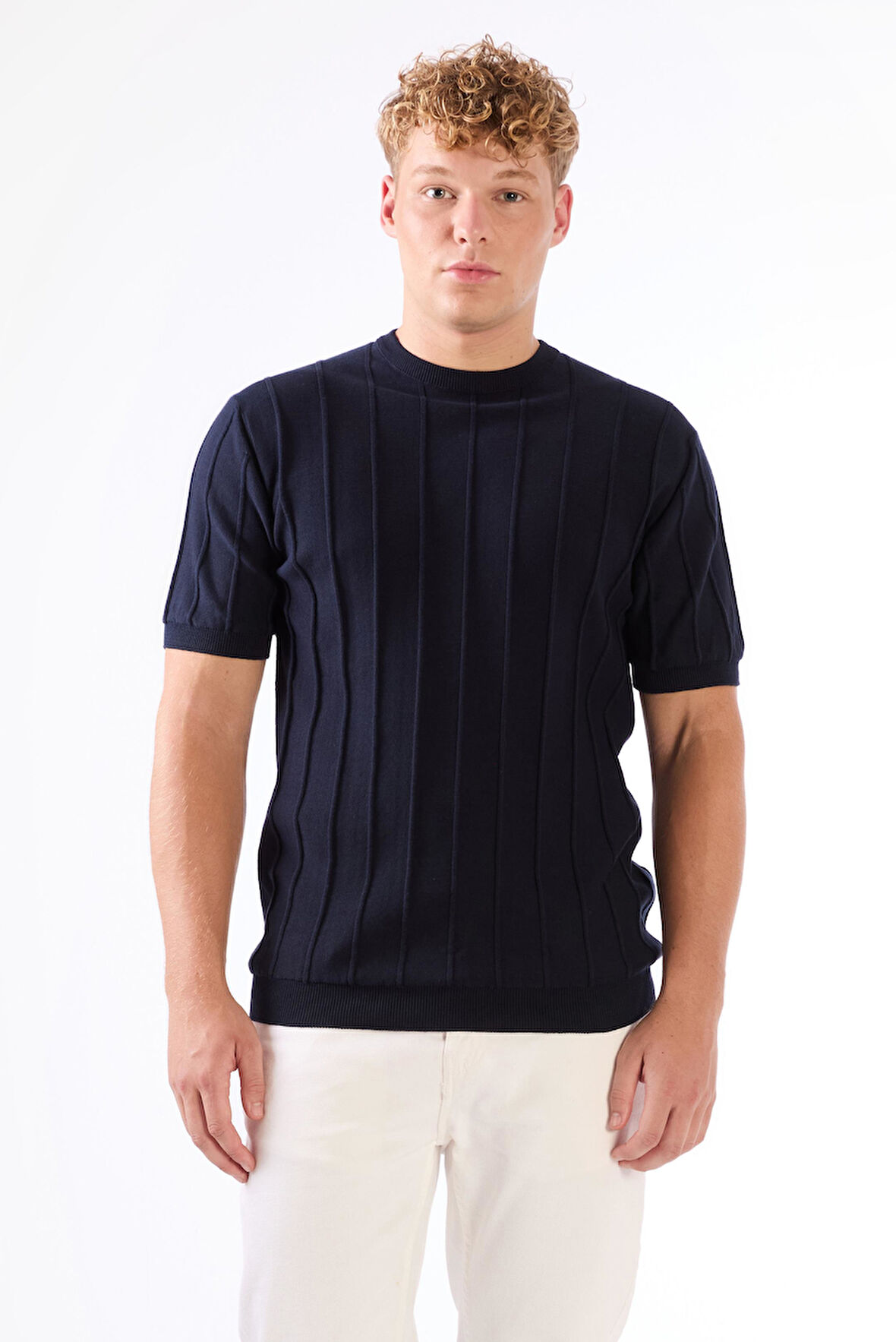 Lacivert Çizgili Desen Kısa Kol Slim Fit Erkek Triko