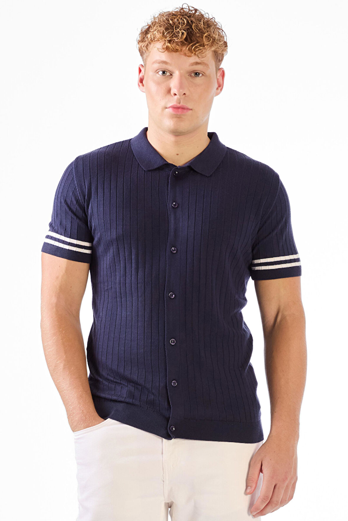 Lacivert  Polo Düğmeli  Fitilli Kısa Kollu Slim Fit Erkek Triko