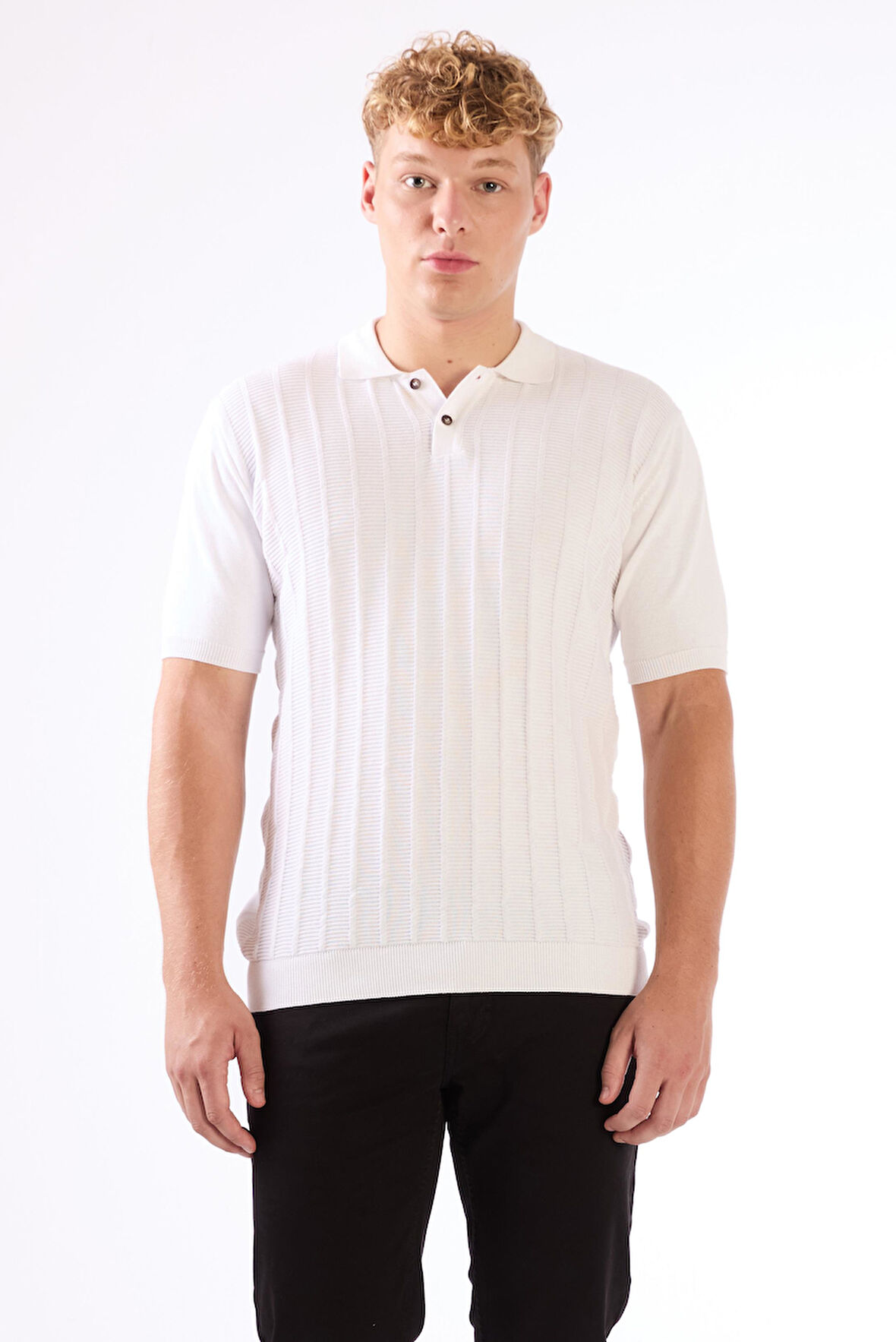 Beyaz Polo Düğmeli Kısa Kollu Düz Renk Fitilli Slim Fit Erkek Triko