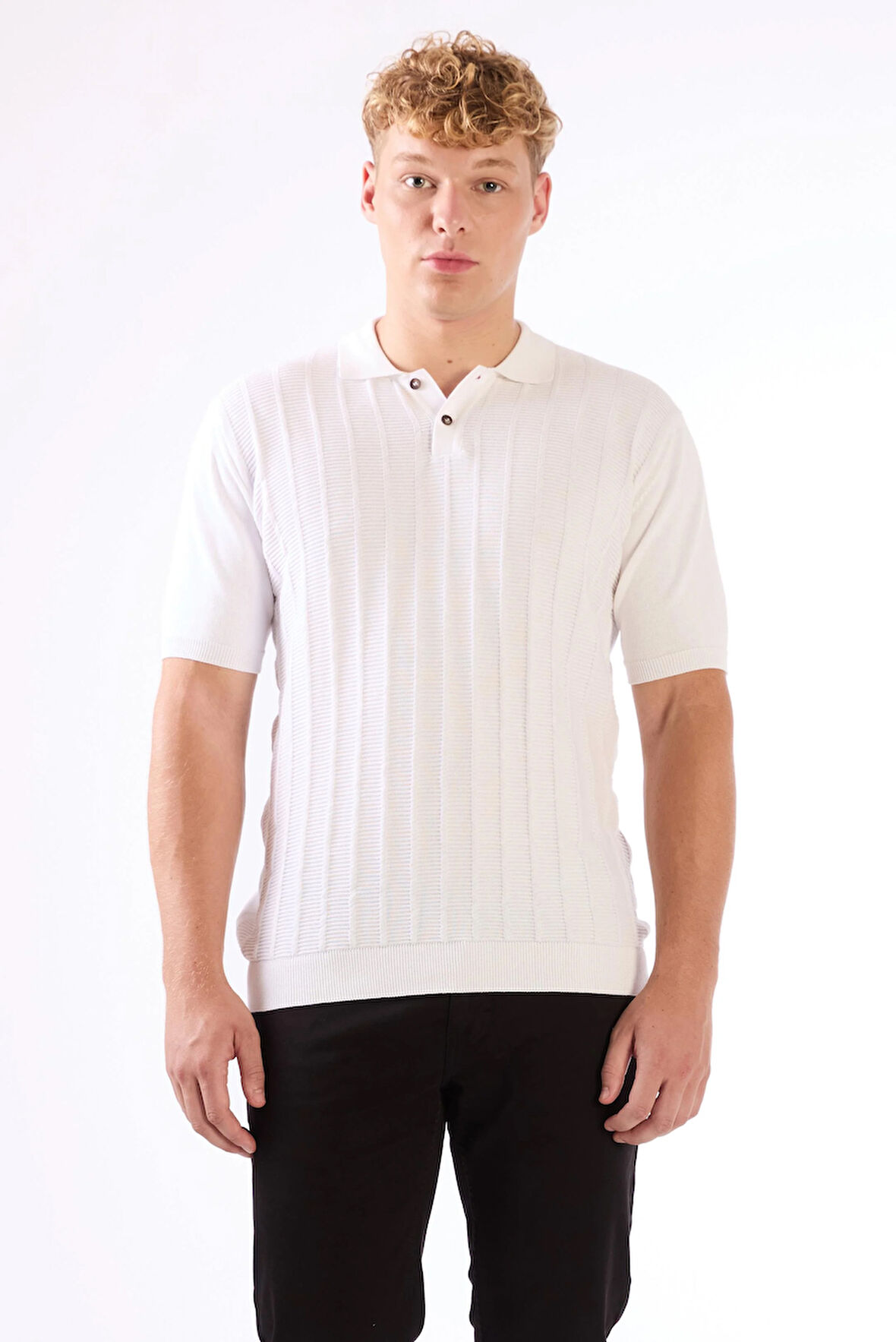 Beyaz Polo Düğmeli Kısa Kollu Düz Renk Fitilli Slim Fit Erkek Triko