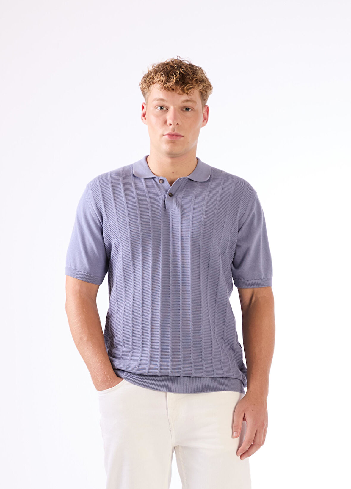 İndigo Polo Düğmeli Kısa Kollu Düz Renk Fitilli Slim Fit Erkek Triko