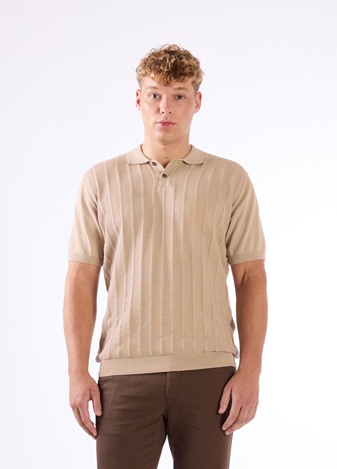 Bej Polo Düğmeli Kısa Kollu Düz Renk Fitilli Slim Fit Erkek Triko