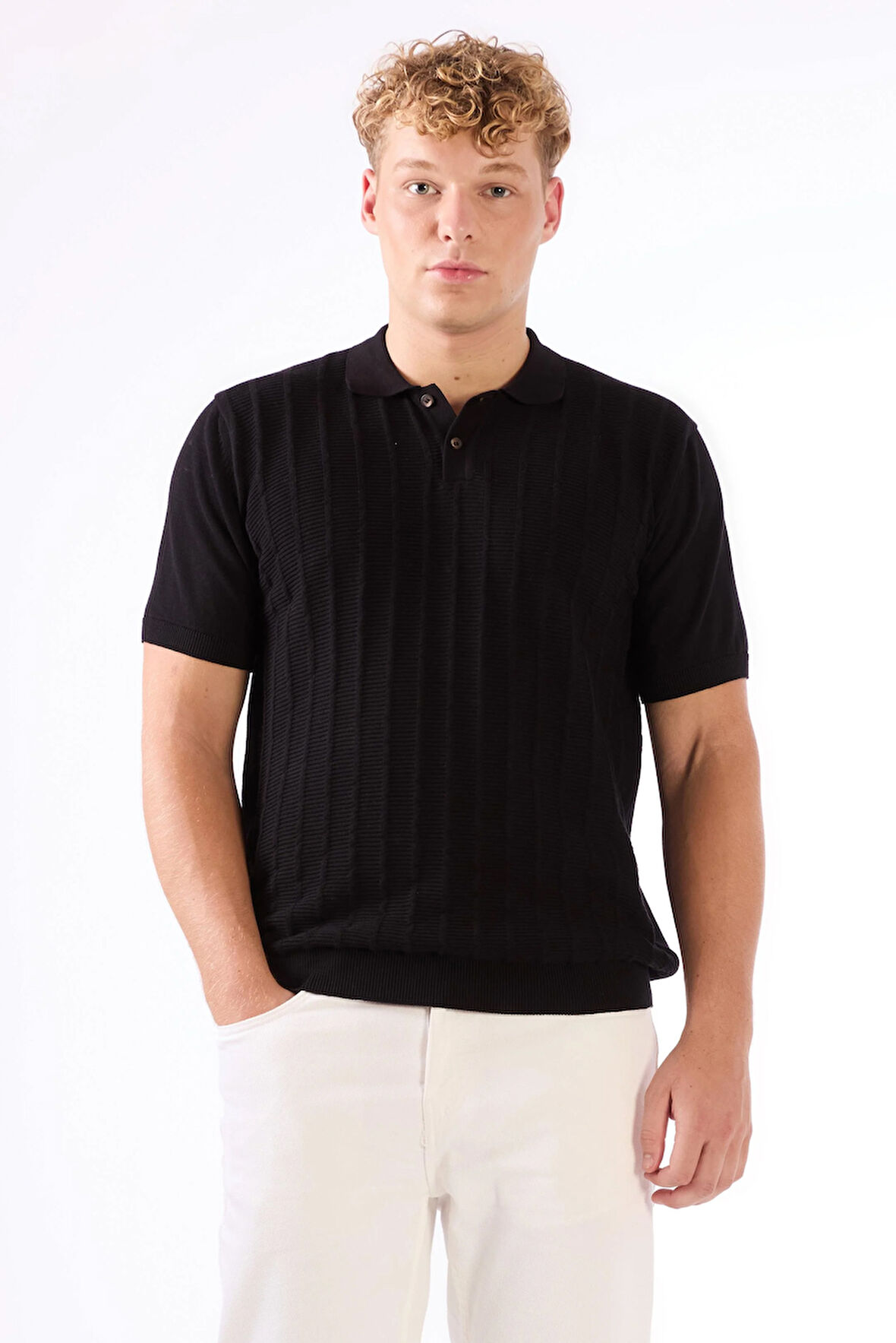 Siyah Polo Düğmeli Kısa Kollu Düz Renk Fitilli Slim Fit Erkek Triko