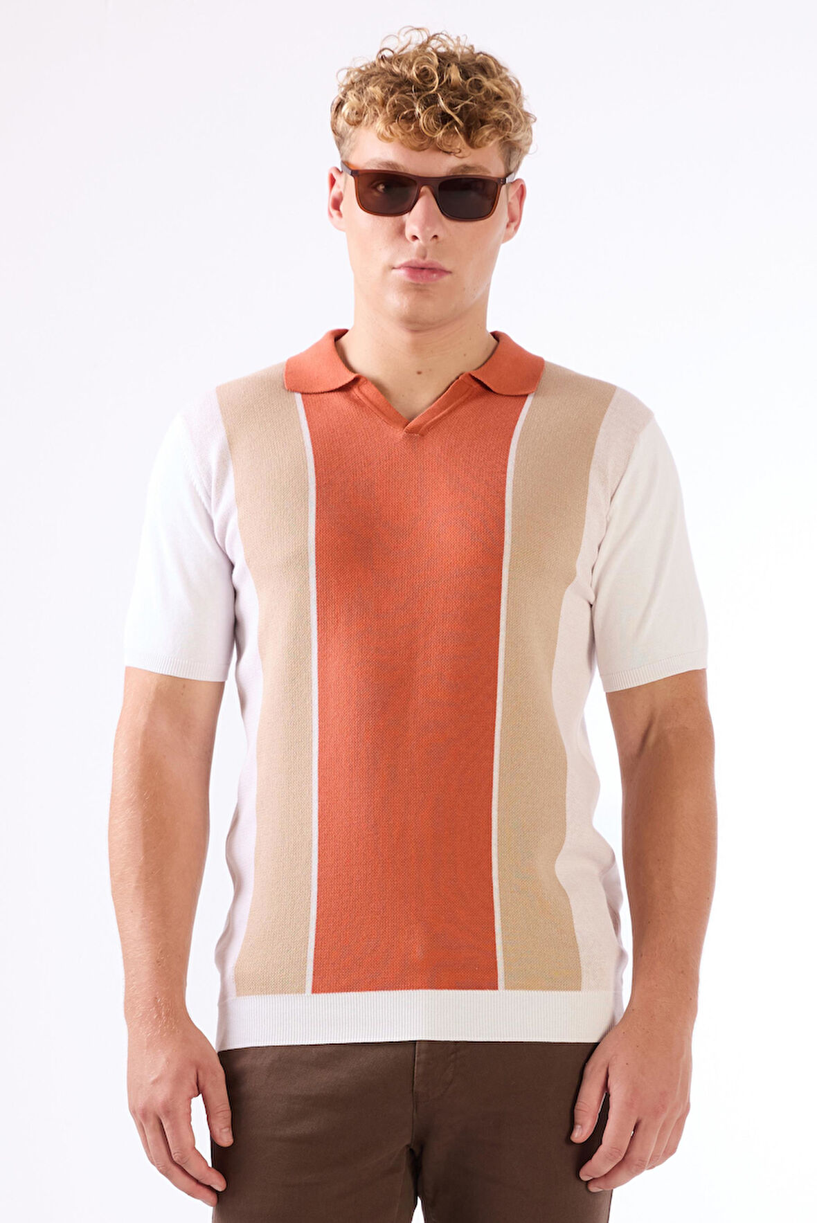 Kiremit Polo V Yaka Blok Desen Kısa Kollu Slim Fit  Erkek Triko