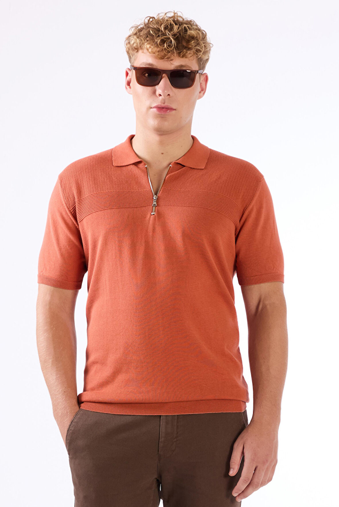 Kiremit Fermuarlı Polo Yaka Kısa Kollu Örgü Slim Fit Erkek Triko