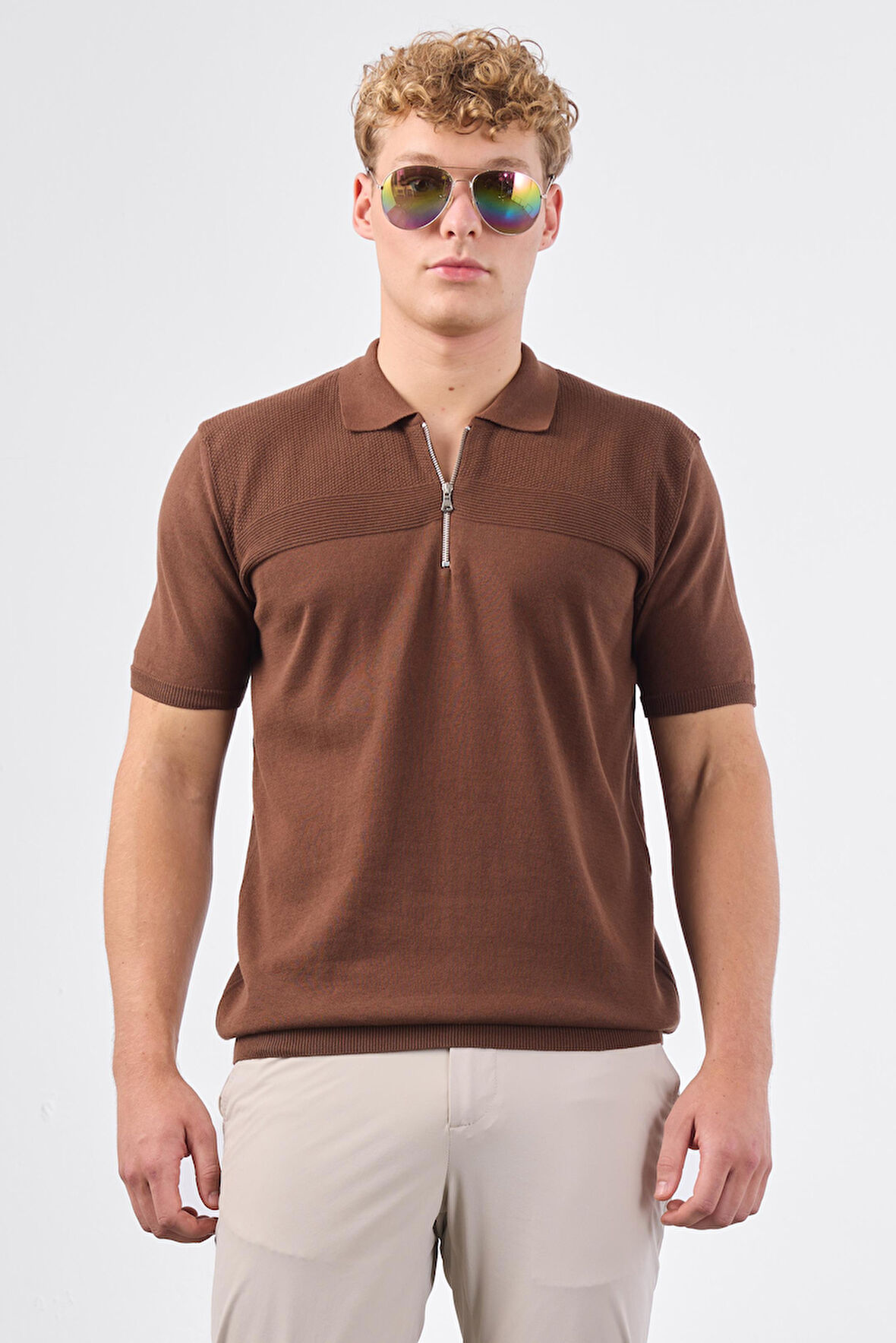 Kahve Fermuarlı Polo Yaka Kısa Kollu Örgü Slim Fit Erkek Triko