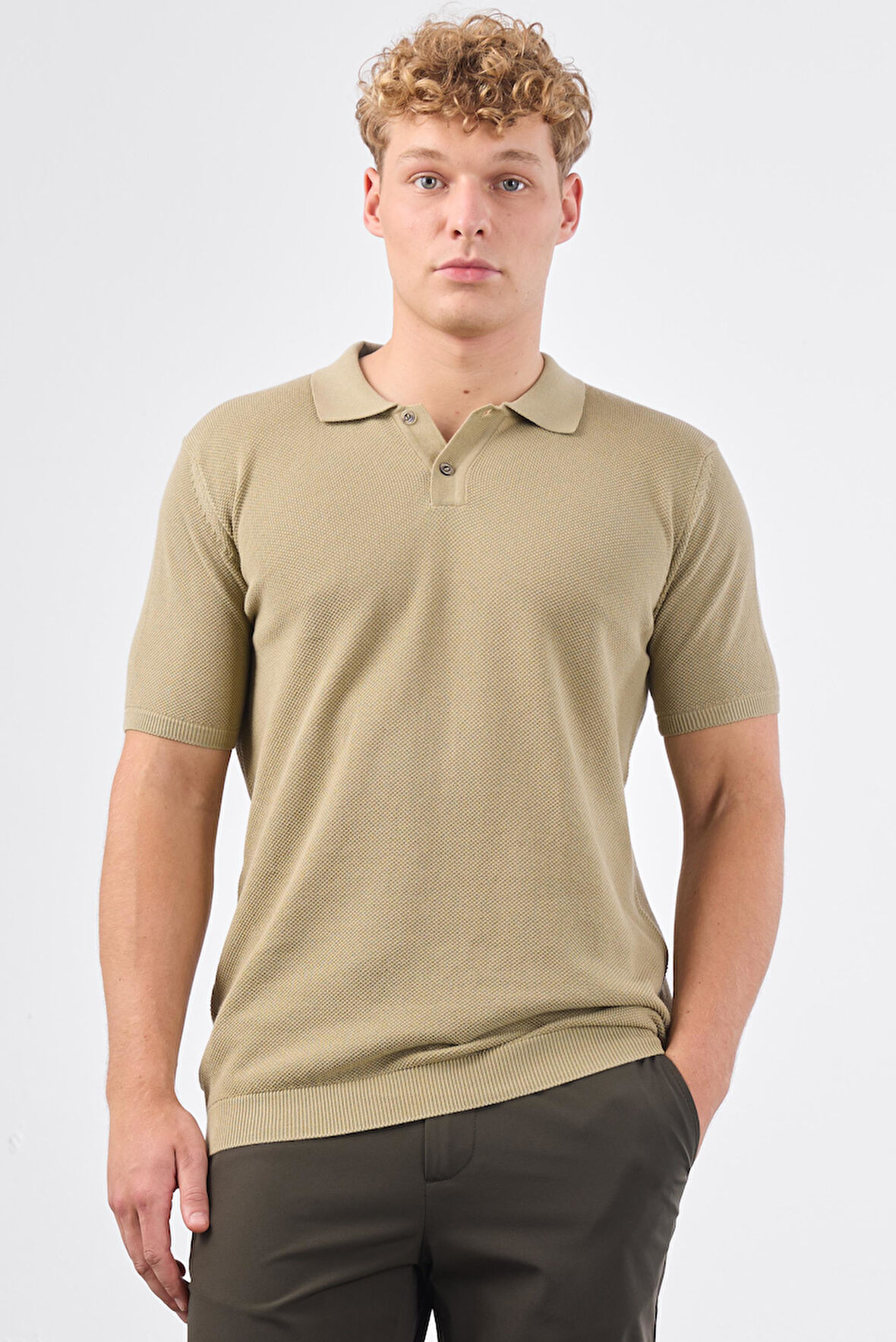 Haki Polo Düğme Yaka Düz Renk Slim Fit Erkek Triko