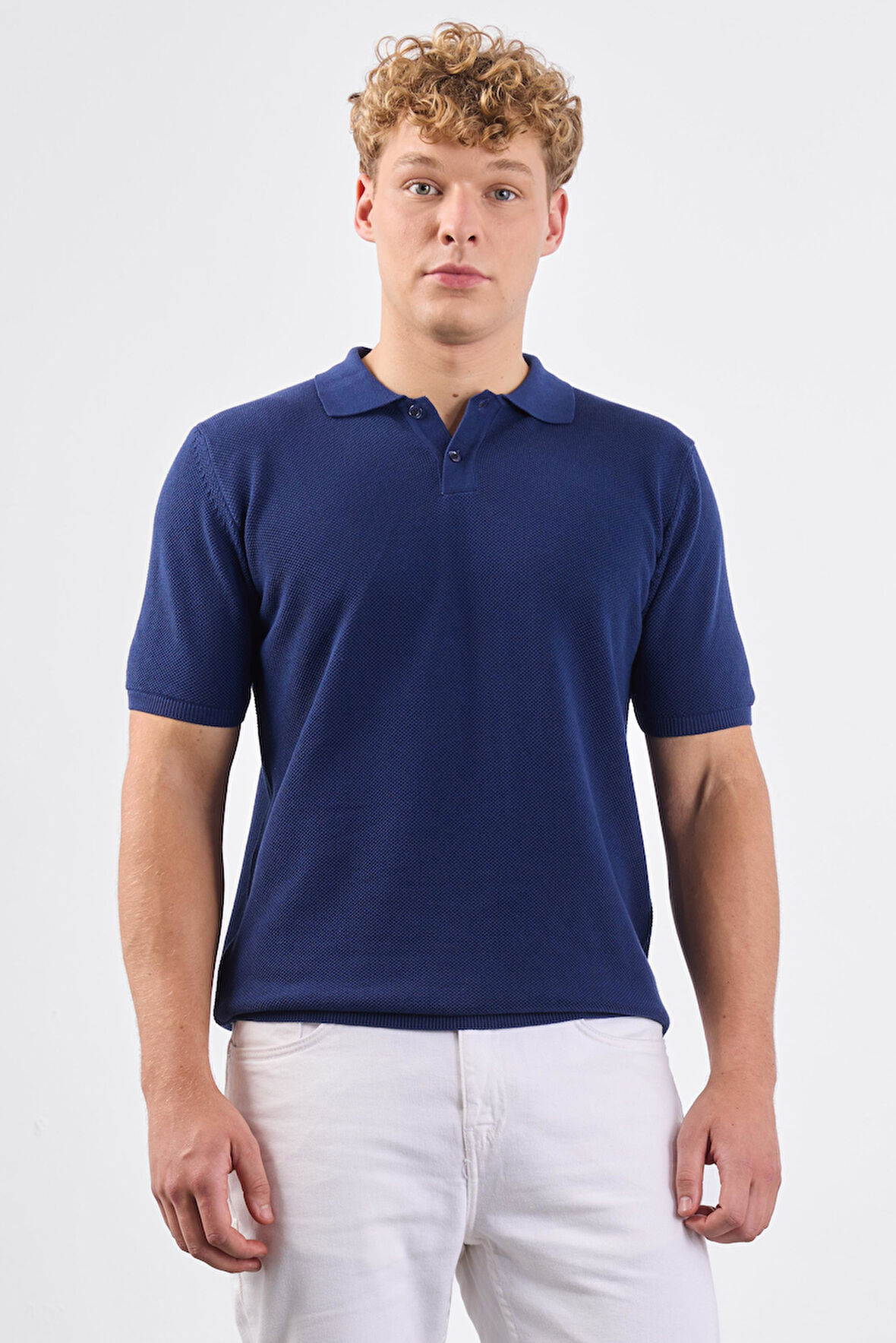 Lacivert Polo Düğme Yaka Düz Renk Slim Fit Erkek Triko