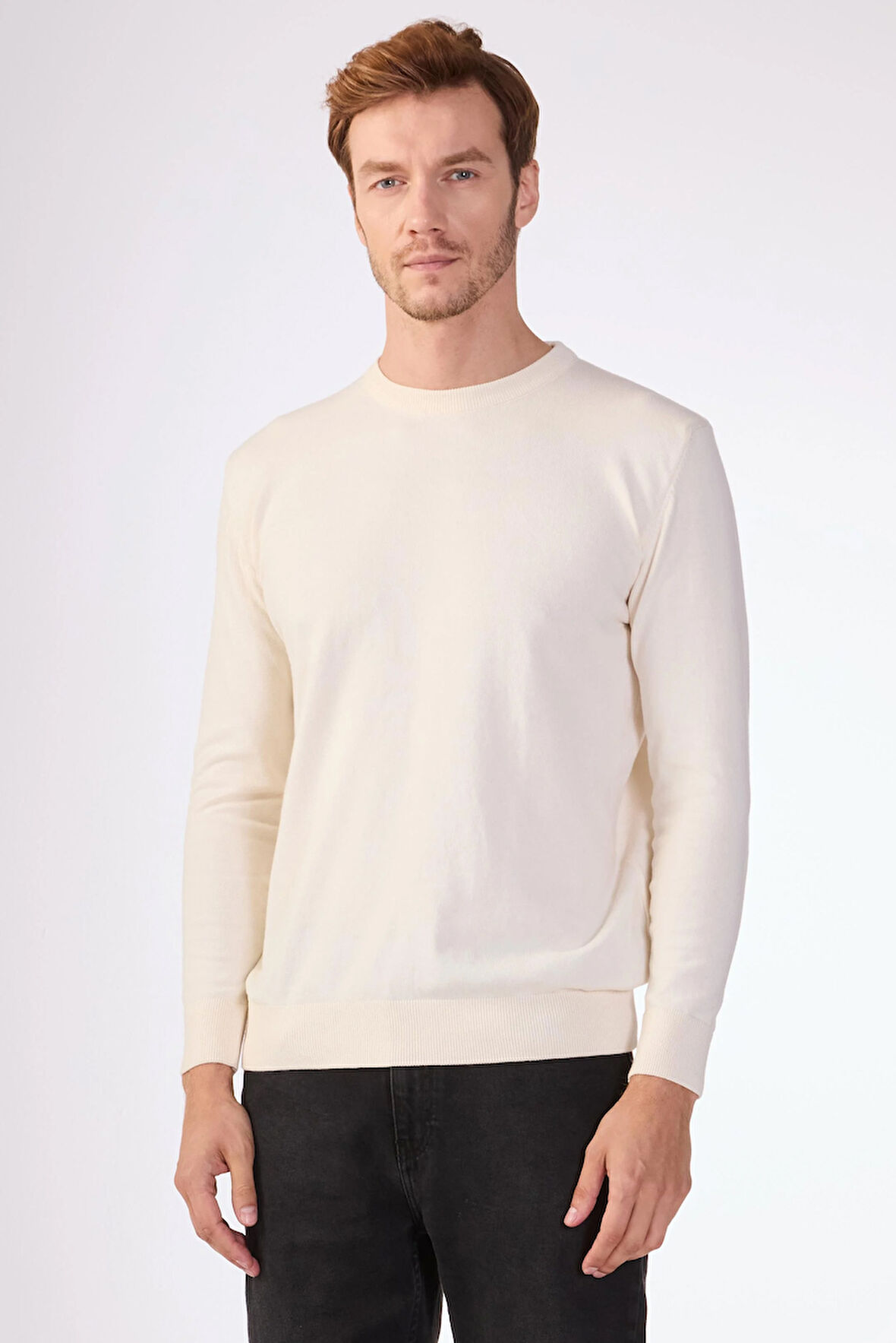 Ekru   Düz Erkek Triko - Slim Fit