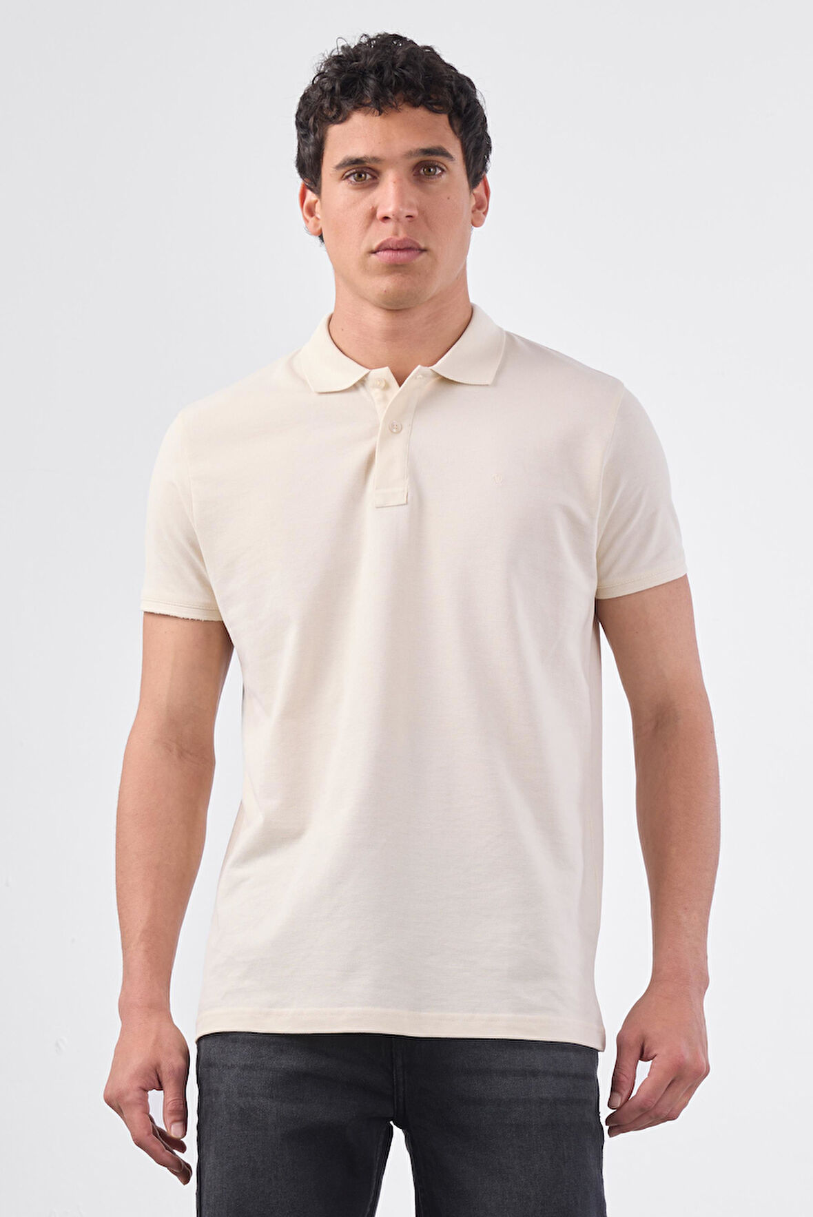 Ekru   Düz Erkek T-Shirt - Slim Fit