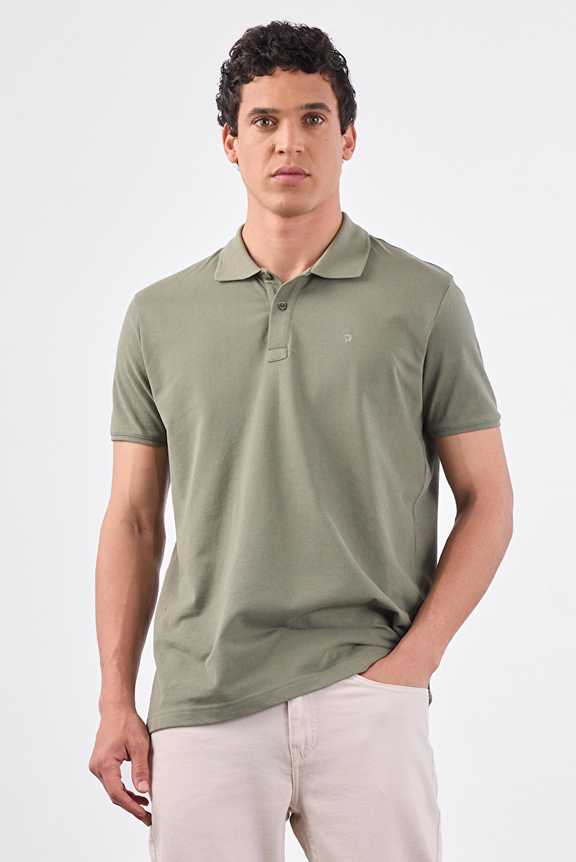 Haki   Düz Erkek T-Shirt - Slim Fit