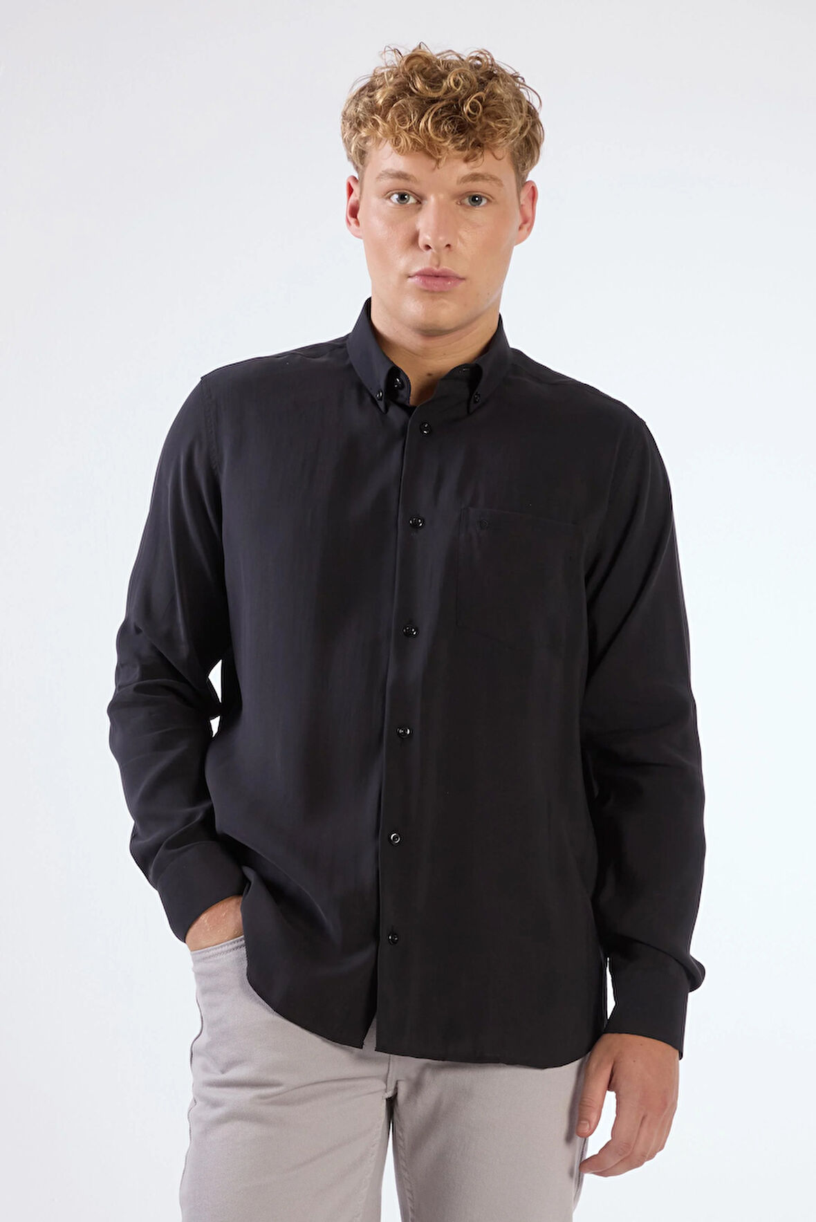 Siyah Modal Düz Renk Regular Fit Erkek Gömlek 