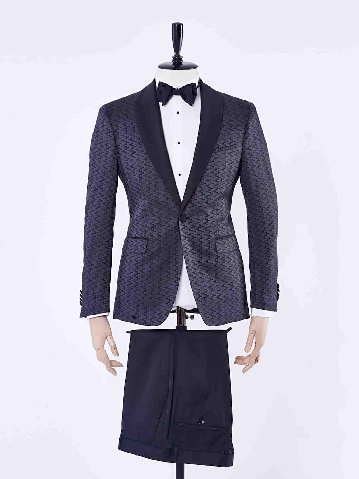 Dufy Siyah Erkek Slim Fit Jakarlı Saten Çıkma Şal Yaka Smokin Takım - 30154