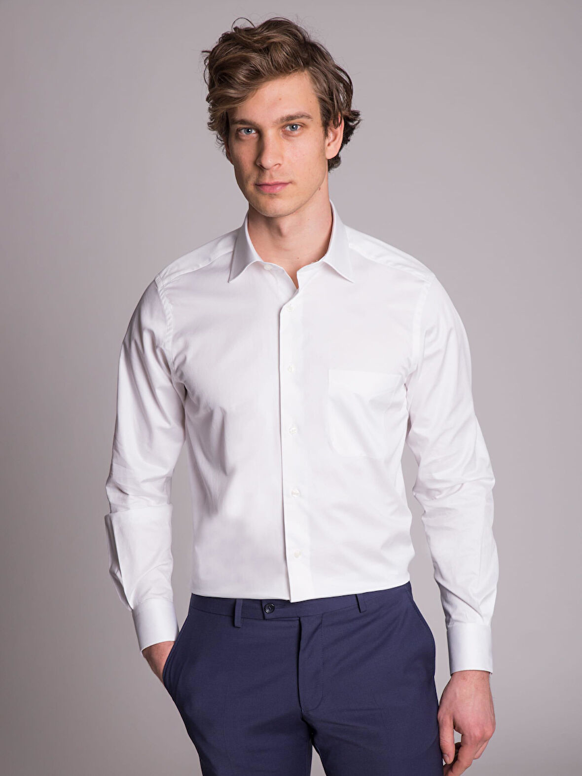 Dufy Beyaz Erkek Regular Fit Düz Klasik Yaka Uzun Kol Gömlek - 35852