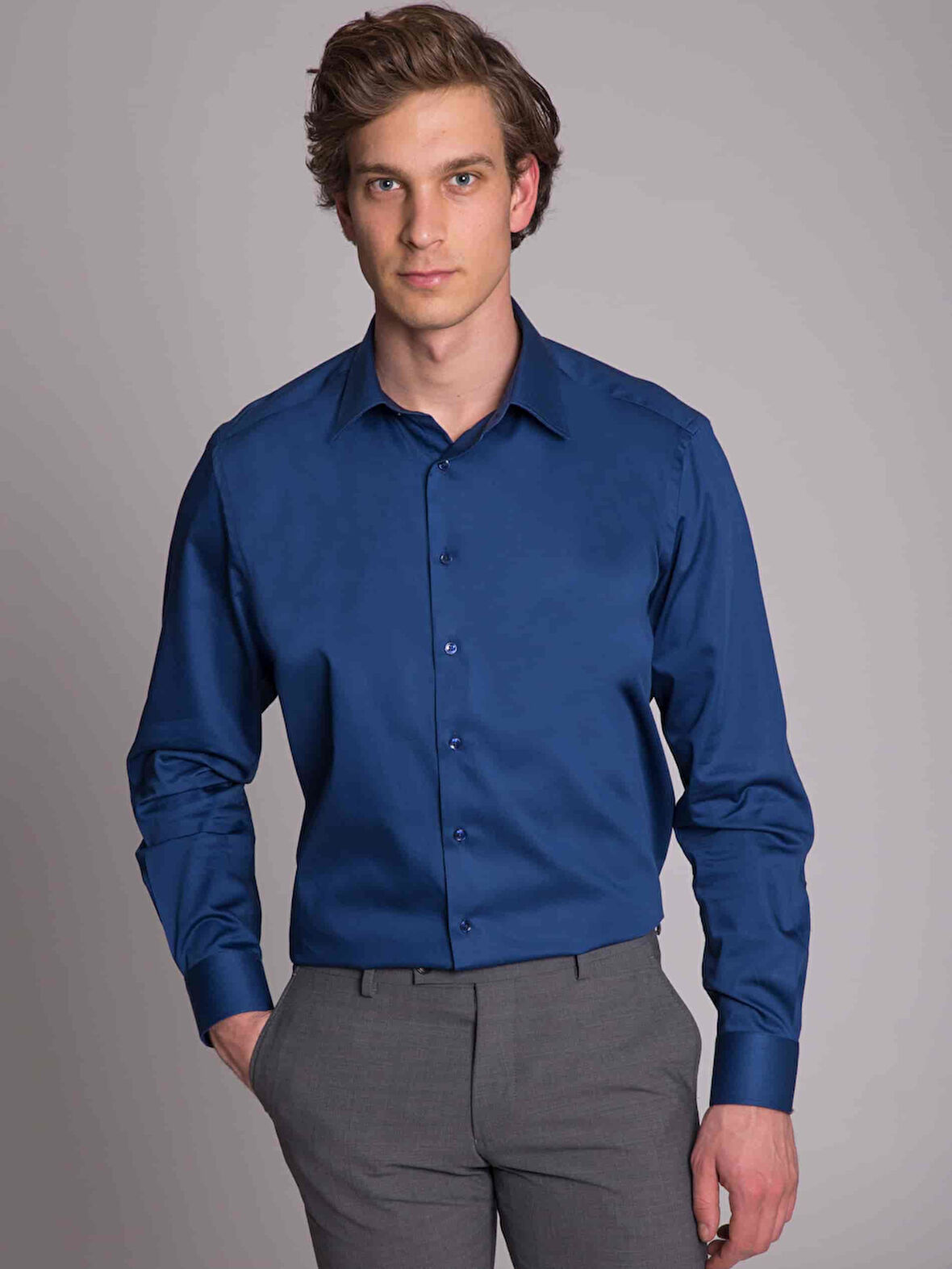 Dufy İndigo Erkek Regular Fit Düz Klasik Yaka Uzun Kol Gömlek - 35857