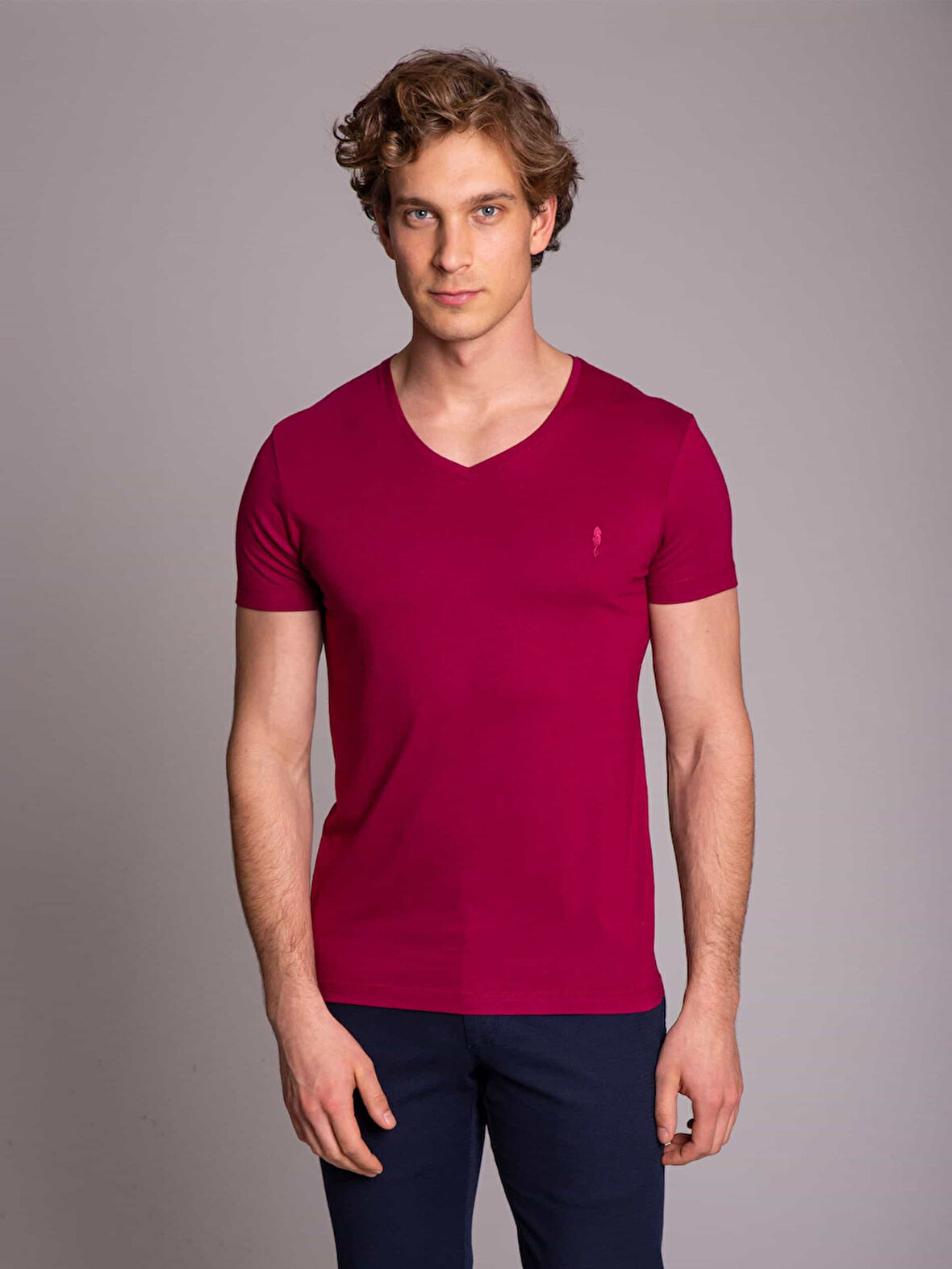 Dufy Bordo Erkek Slim Fit Düz  V Yaka Tshirt - 36397