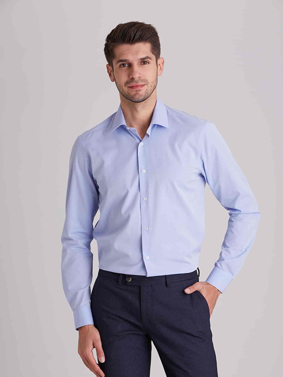 Dufy Mavi Erkek Slim Fit Düz Klasik Yaka Uzun Kol Gömlek - 40391