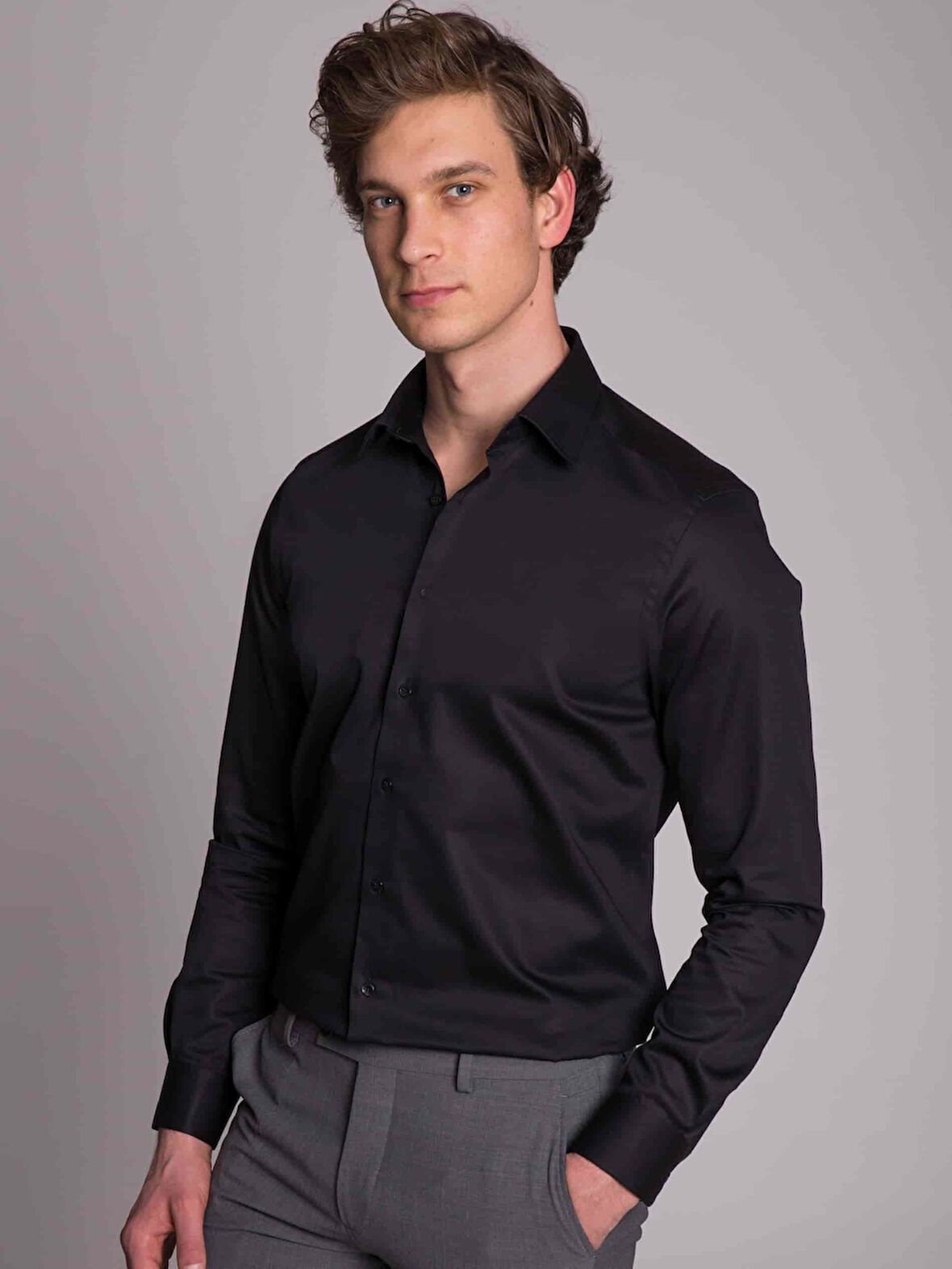 Dufy Siyah Erkek Slim Fit Düz Brent Yaka Uzun Kol Gömlek - 44954