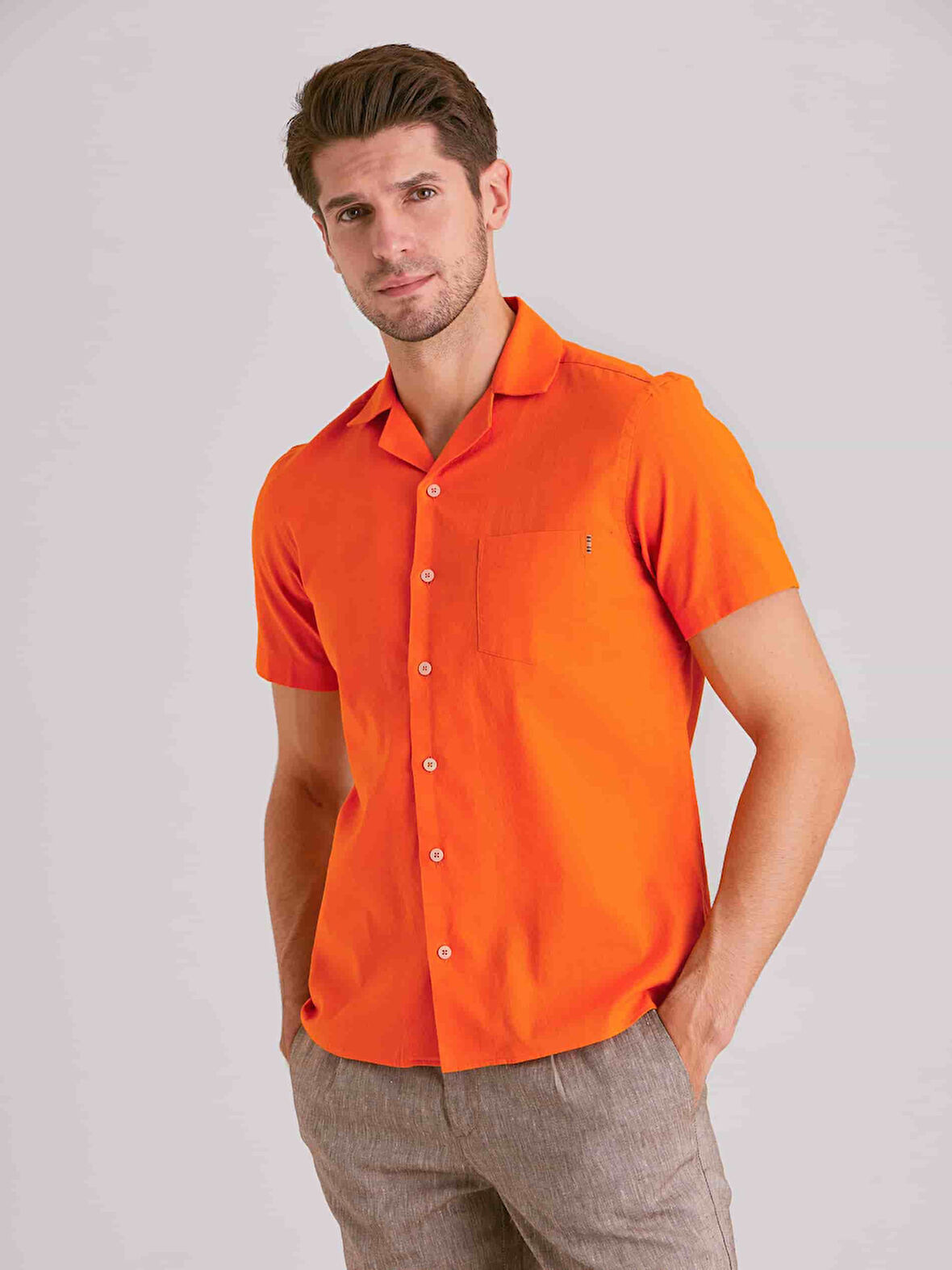 Dufy Turuncu Erkek Slim Fit Düz Küba Yaka Kısa Kol Gömlek - 58158