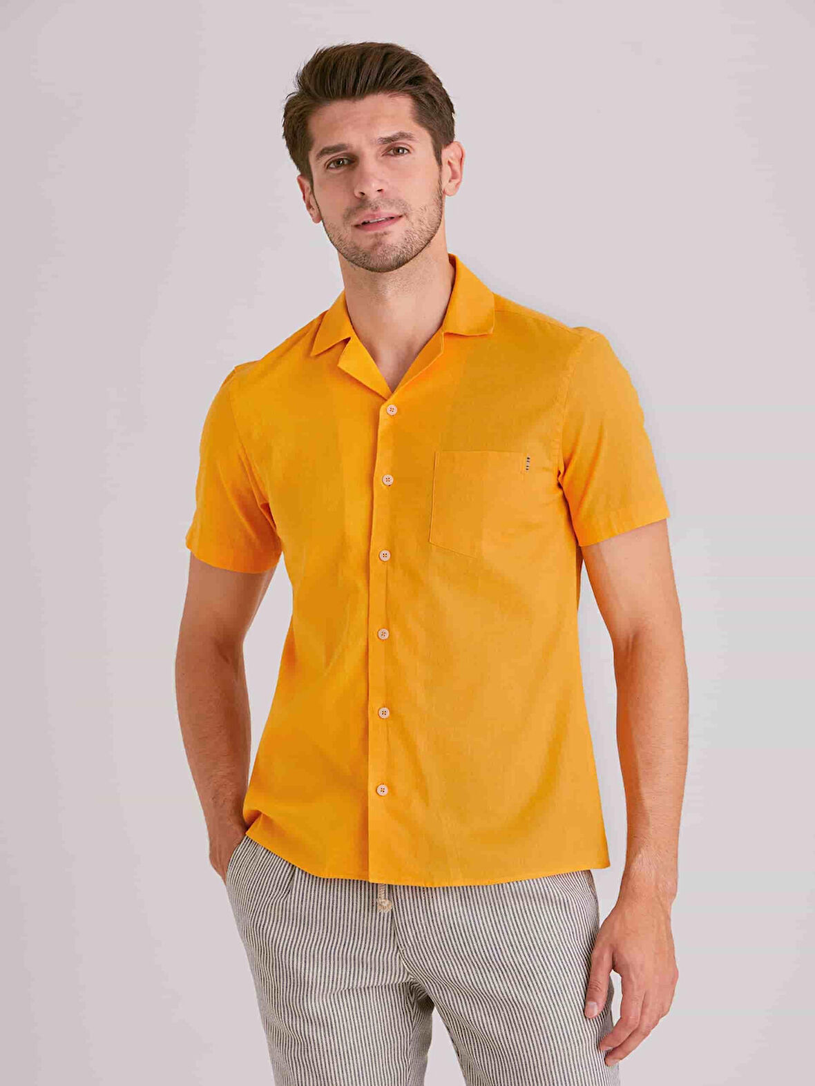 Dufy Hardal Erkek Slim Fit Düz Küba Yaka Kısa Kol Gömlek - 58164