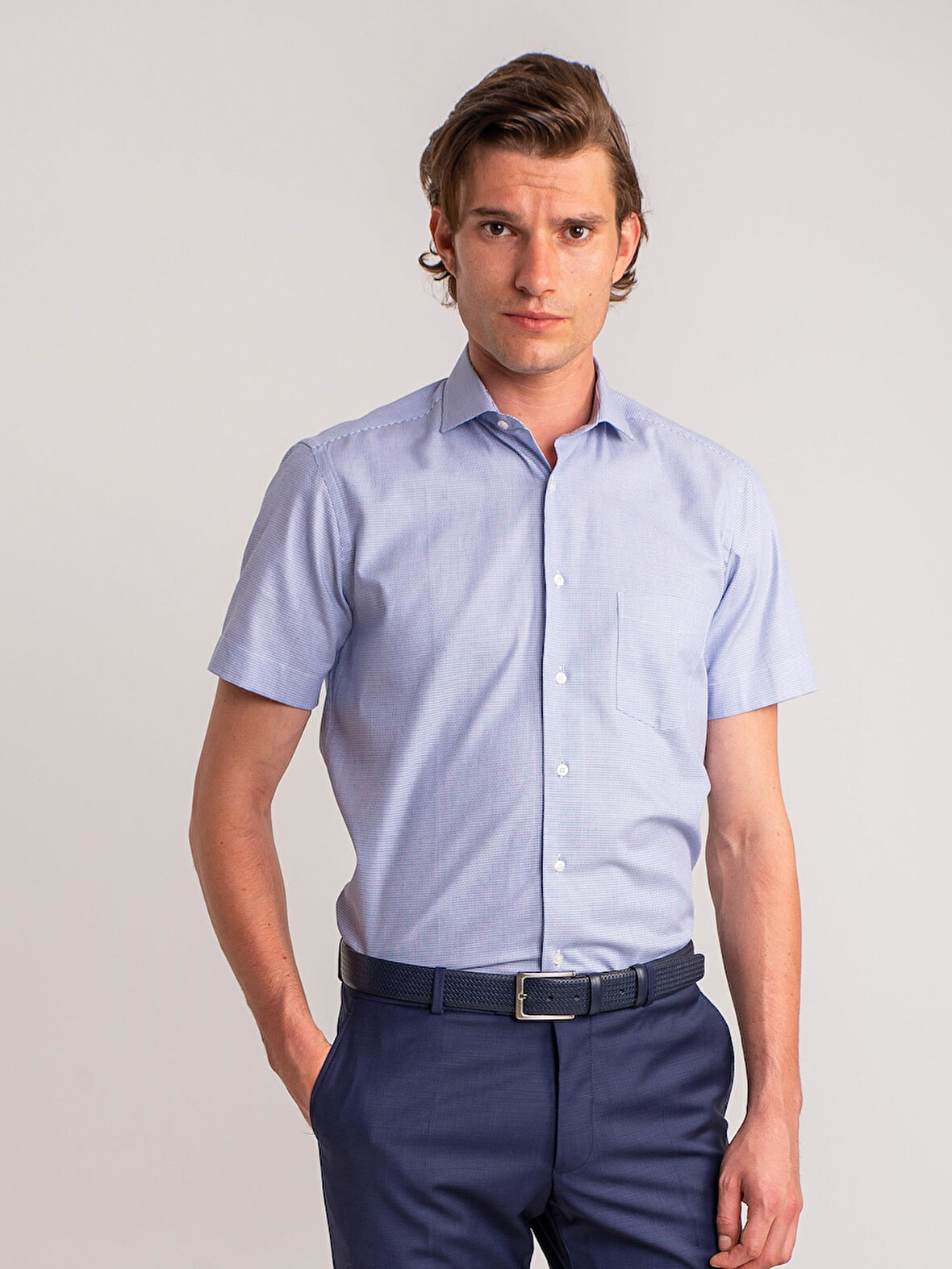 Dufy Mavi Erkek Regular Fit Armürlü Paul Yaka Kısa Kol Gömlek - 58534