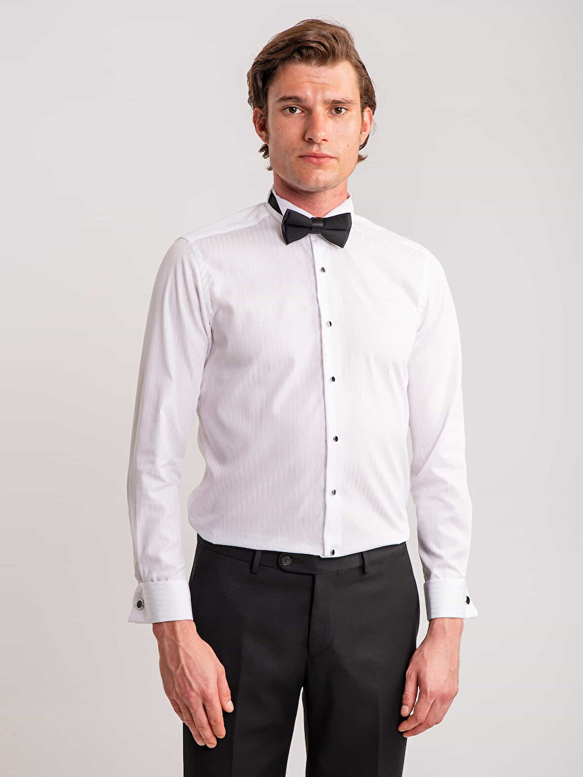 Dufy Beyaz Erkek Slim Fit Çizgili Ata Yaka Uzun Kol Gömlek - 58653