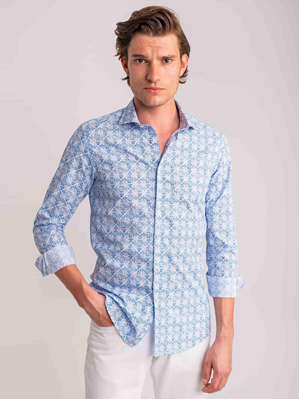 Dufy Mavi Erkek Slim Fit Baskılı Paul Yaka Uzun Kol Gömlek - 60637