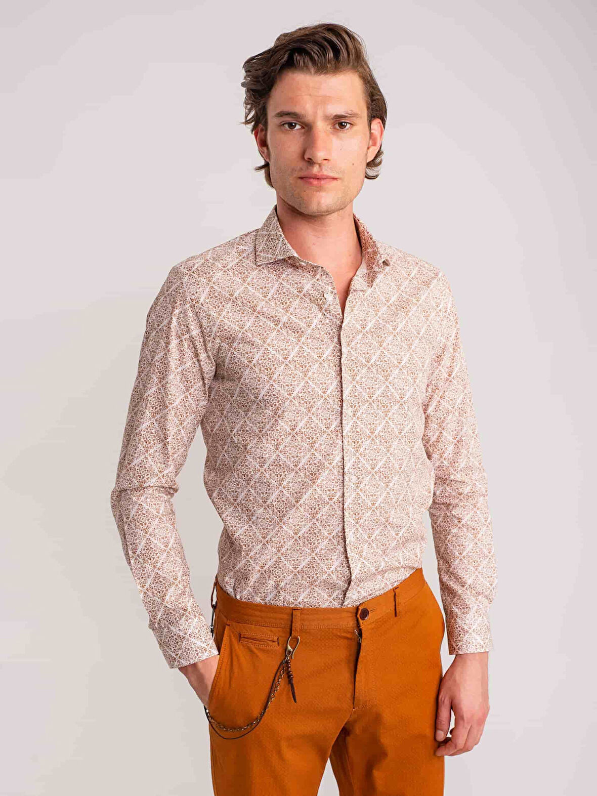 Dufy Kahverengi Erkek Slim Fit Baskılı Paul Yaka Uzun Kol Gömlek - 60643
