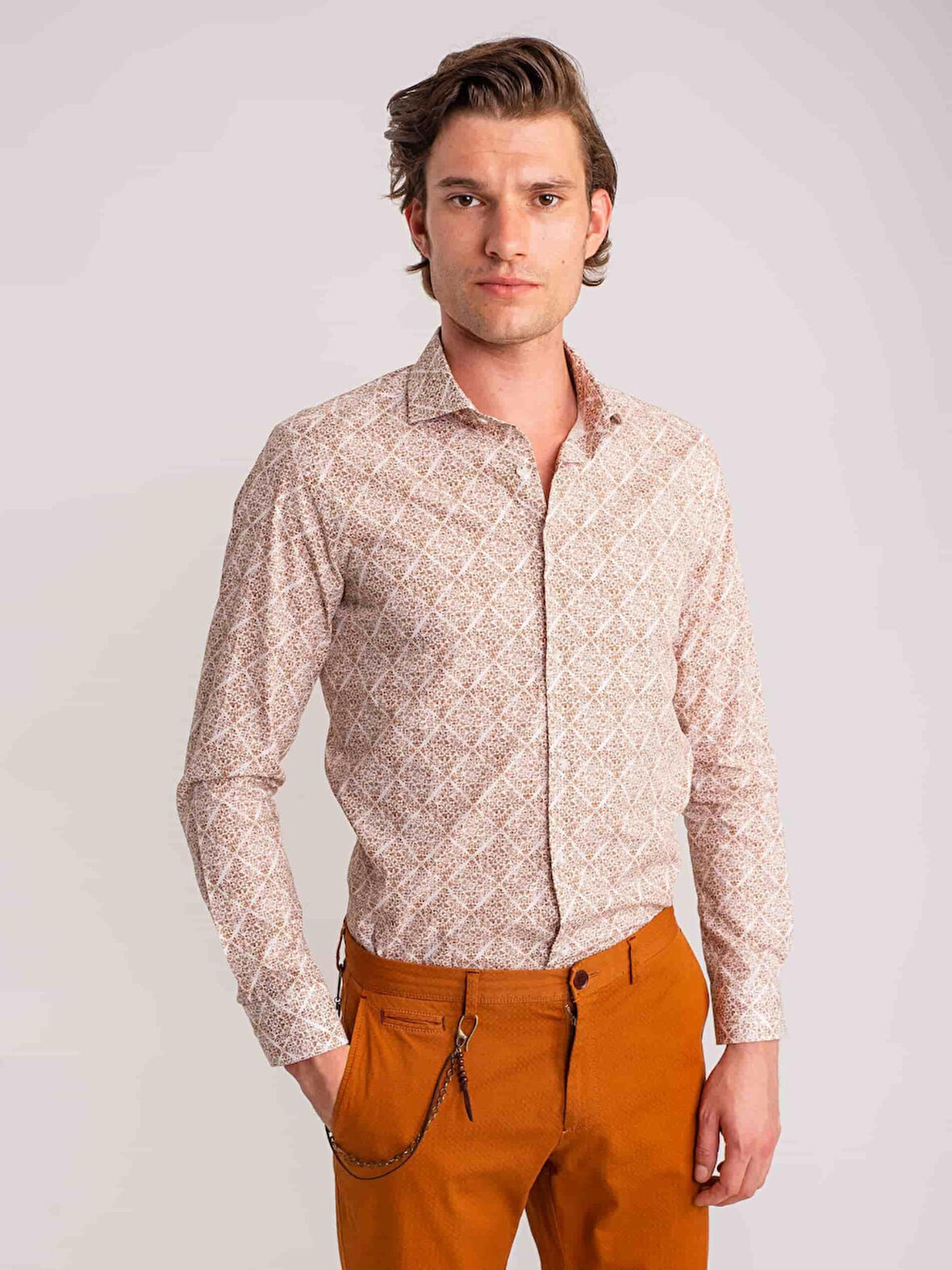 Dufy Kahverengi Erkek Slim Fit Baskılı Paul Yaka Uzun Kol Gömlek - 60643
