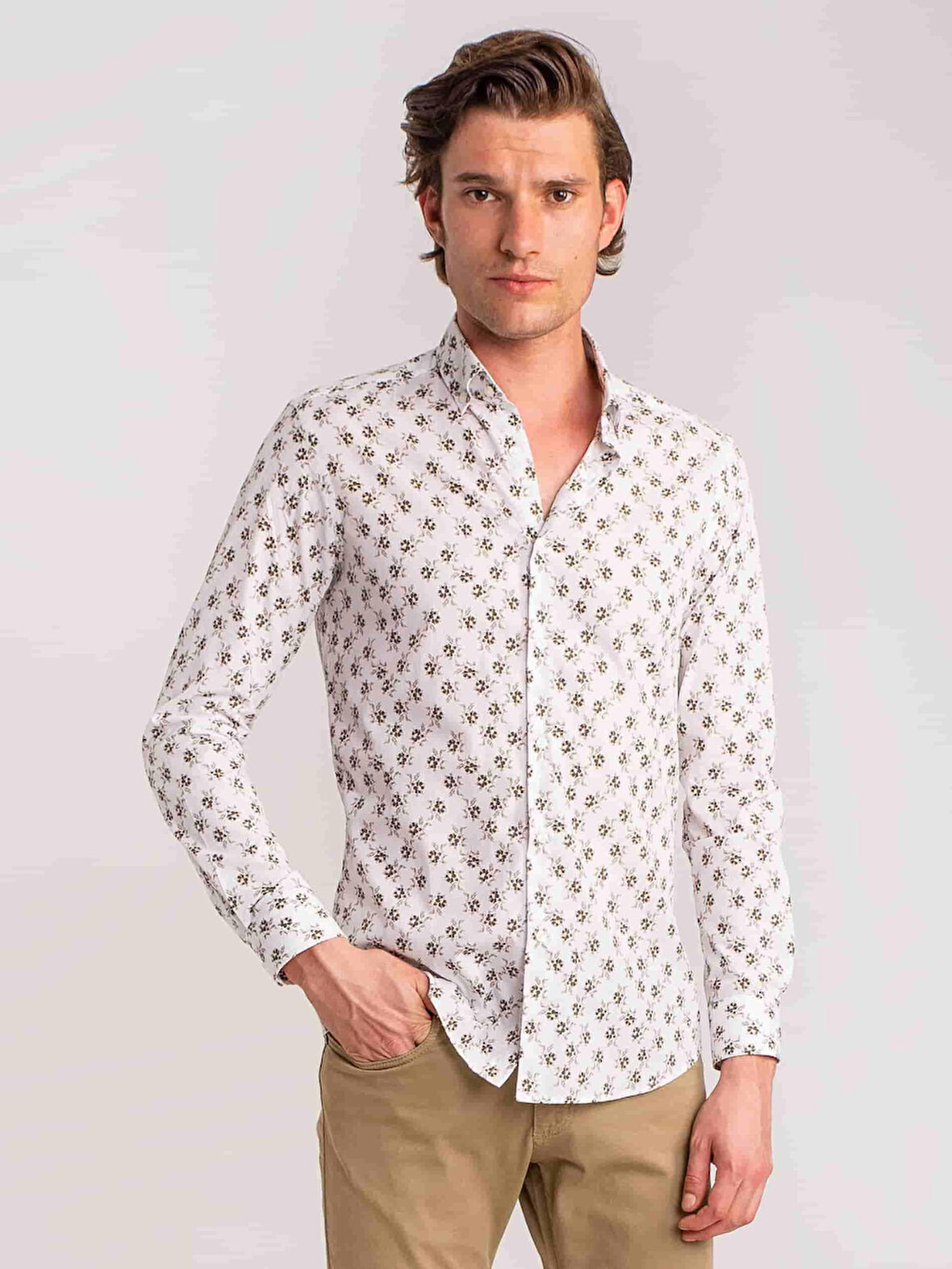 Dufy Haki Erkek Slim Fit Yaprak Desenli Brent Düğmeli Yaka Uzun Kol Gömlek - 60701