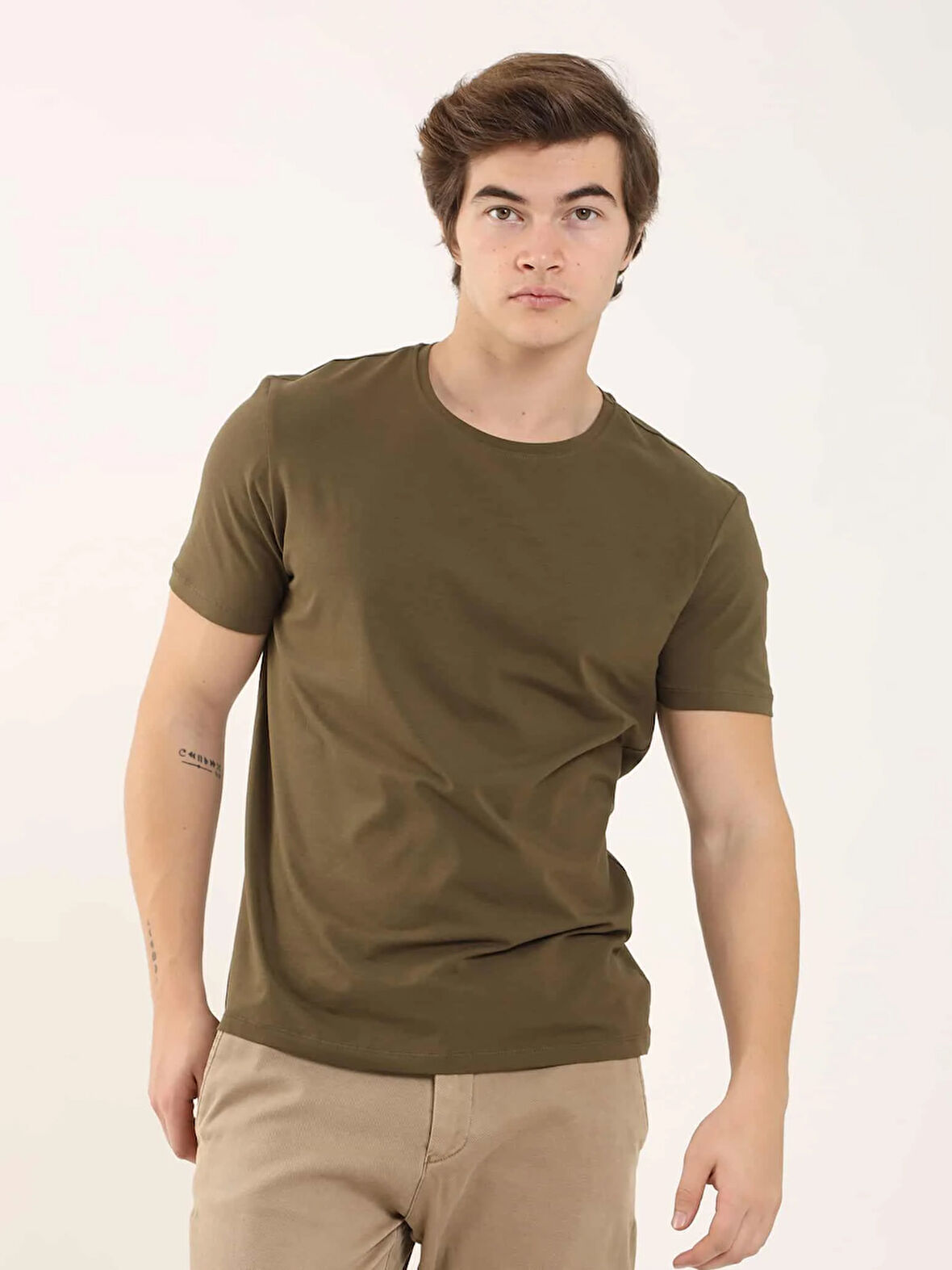 Dufy Haki Erkek Slim Fit Düz  Bisiklet Yaka Tshirt - 70943