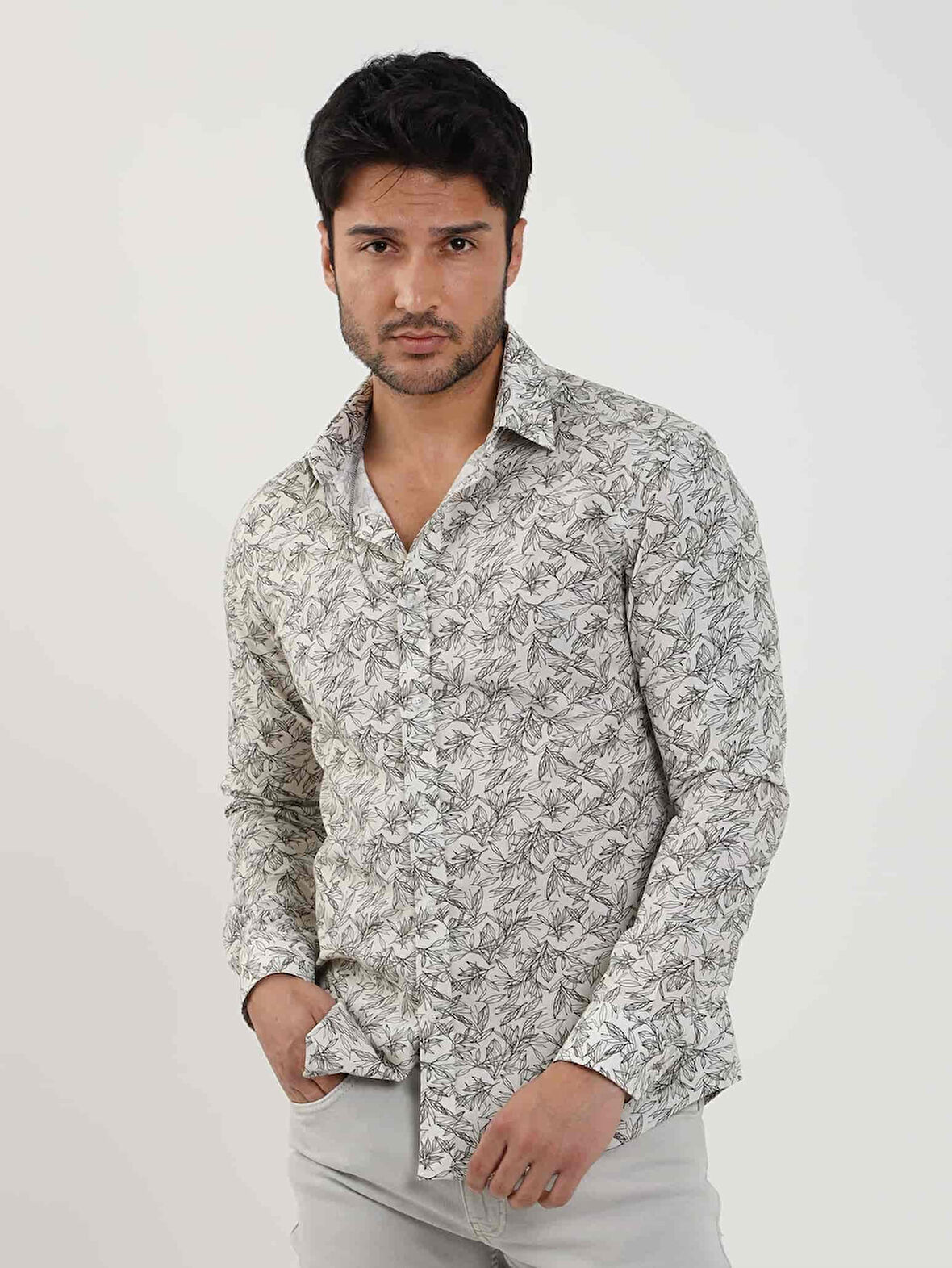 Dufy Haki Erkek Slim Fit Yaprak Desenli Brent Yaka Uzun Kol Gömlek - 81579