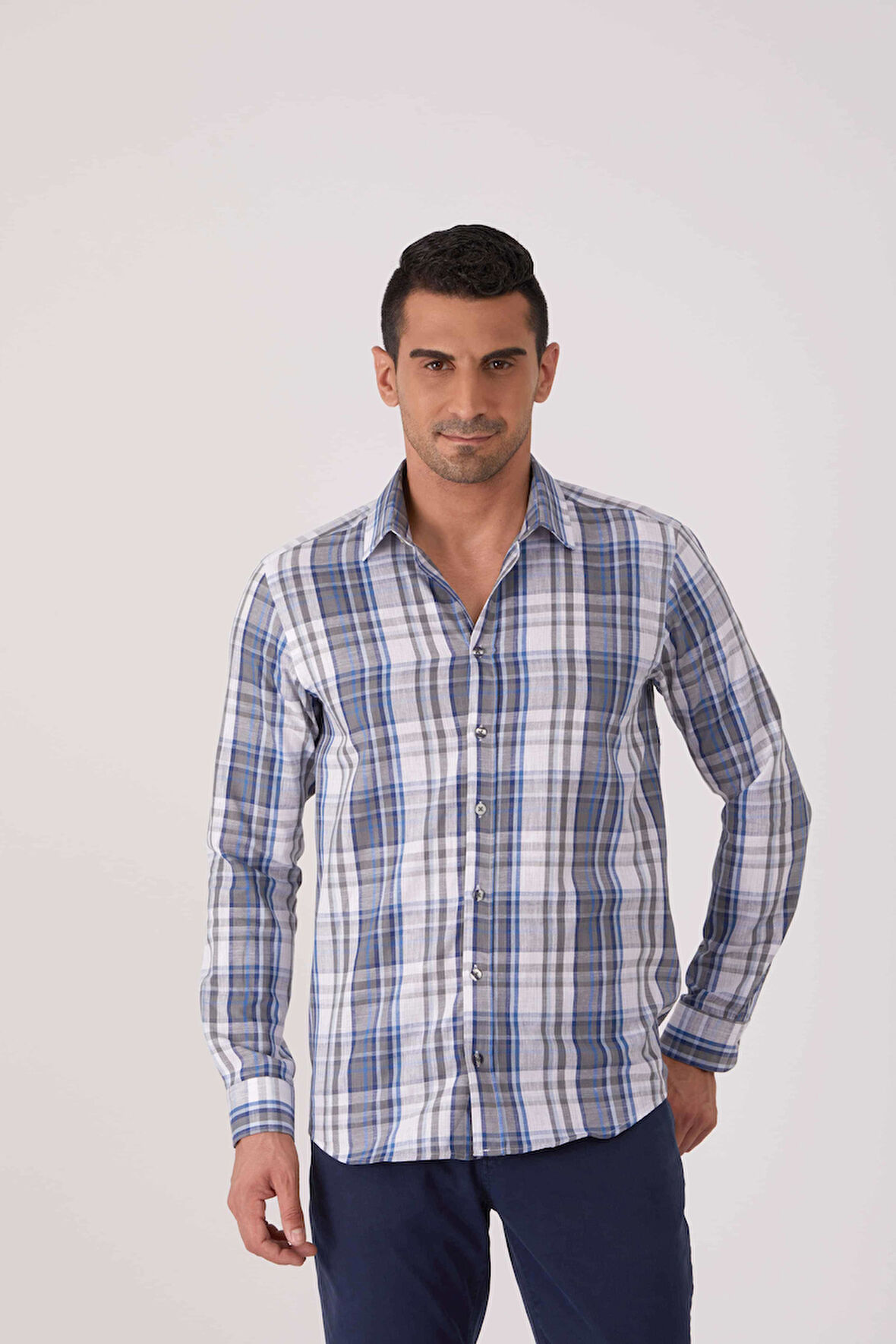 Dufy Mavi Erkek Slim Fit Ekose Desenli Brent Yaka Uzun Kol Gömlek - 84265