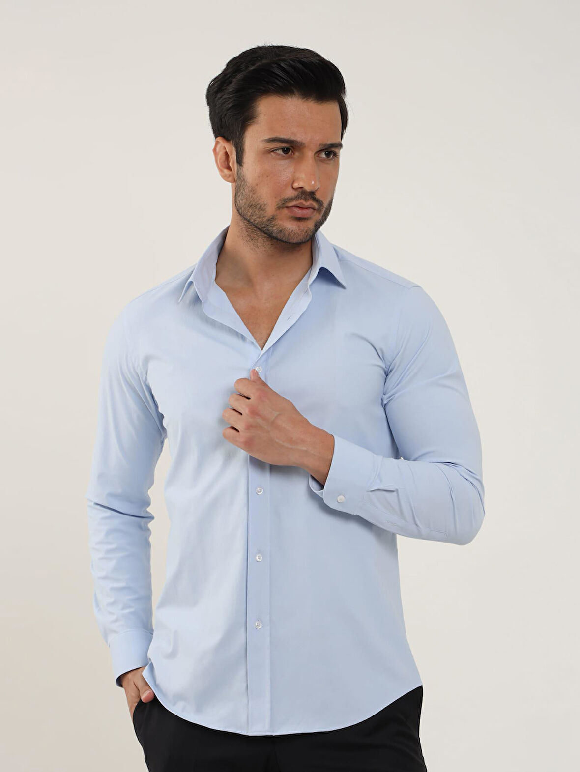 Dufy Mavi Erkek Slim Fit Düz Klasik Yaka Uzun Kol Gömlek - 88174