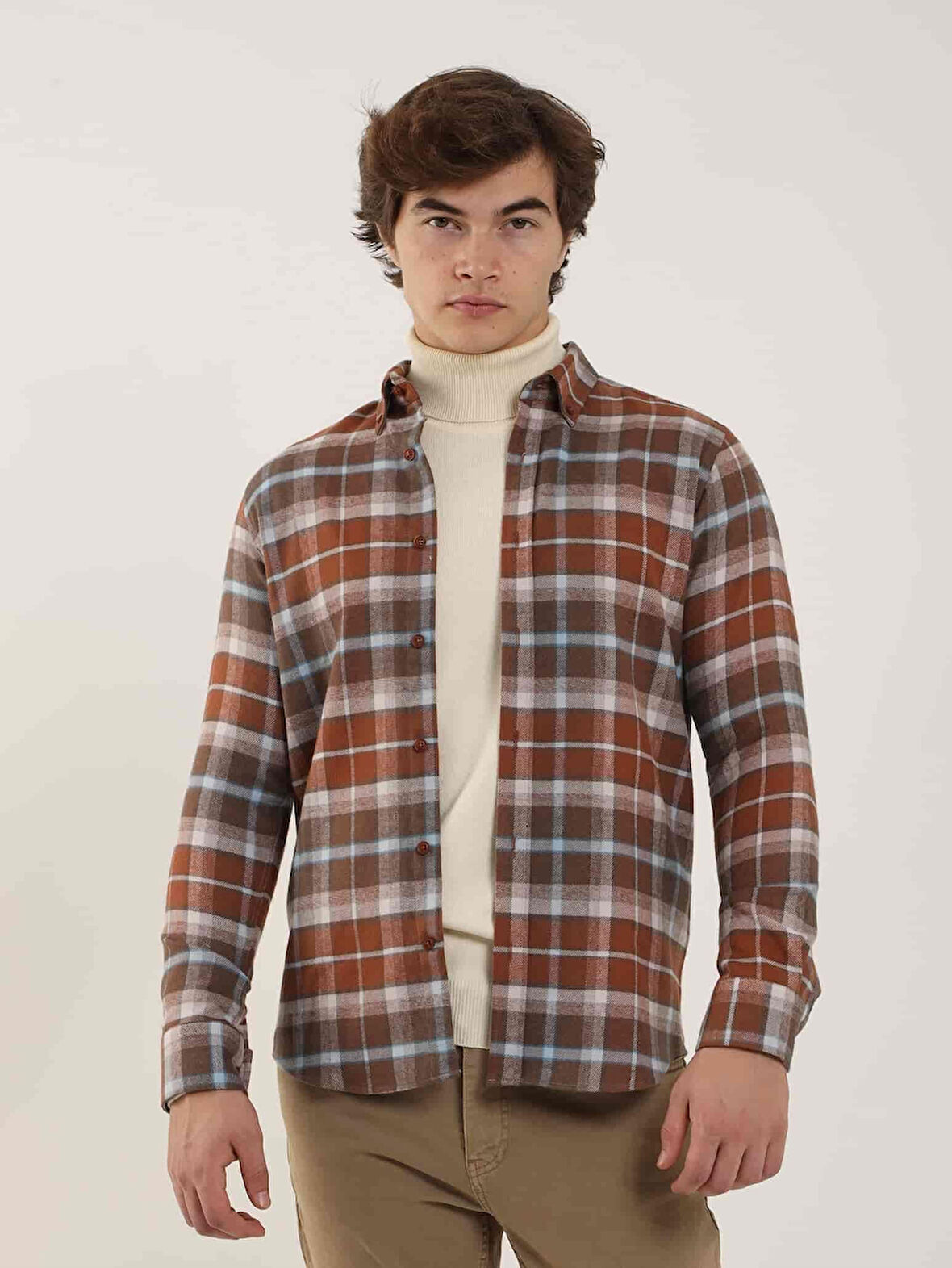 Dufy Kiremit Erkek Slim Fit Ekose Desenli Brent Düğmeli Yaka Uzun Kol Gömlek - 90059