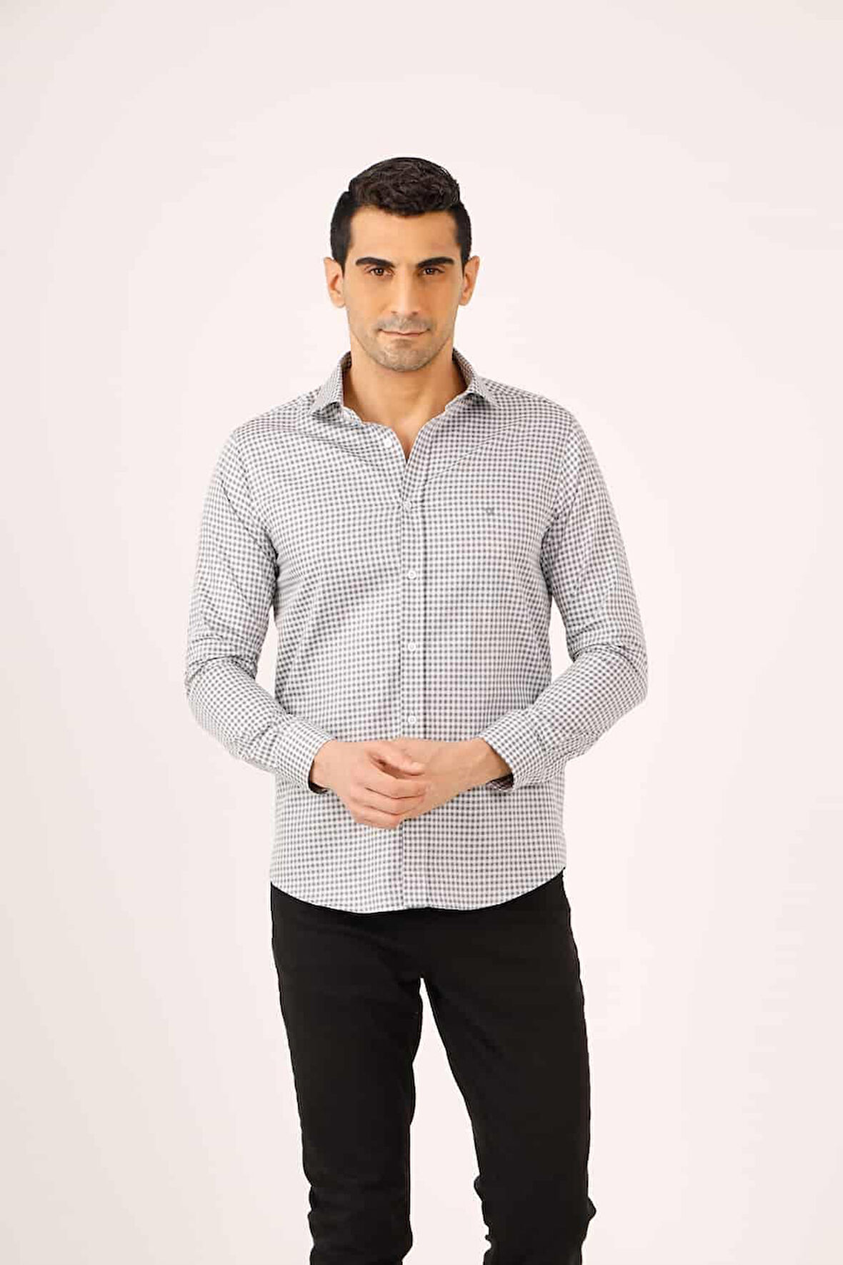 Dufy Koyu Gri Erkek Slim Fit Ekose Desenli Yarım İtalyan Yaka Uzun Kol Gömlek - 90539