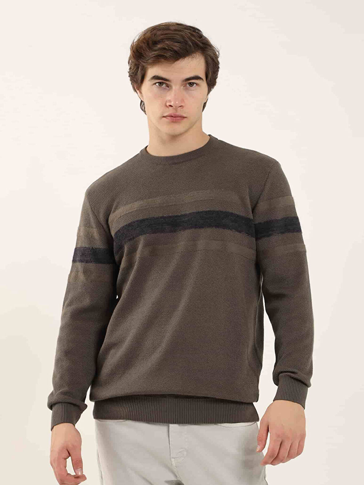 Dufy Haki Erkek Slim Fit Çizgili Bisiklet Yaka Kazak - 90599