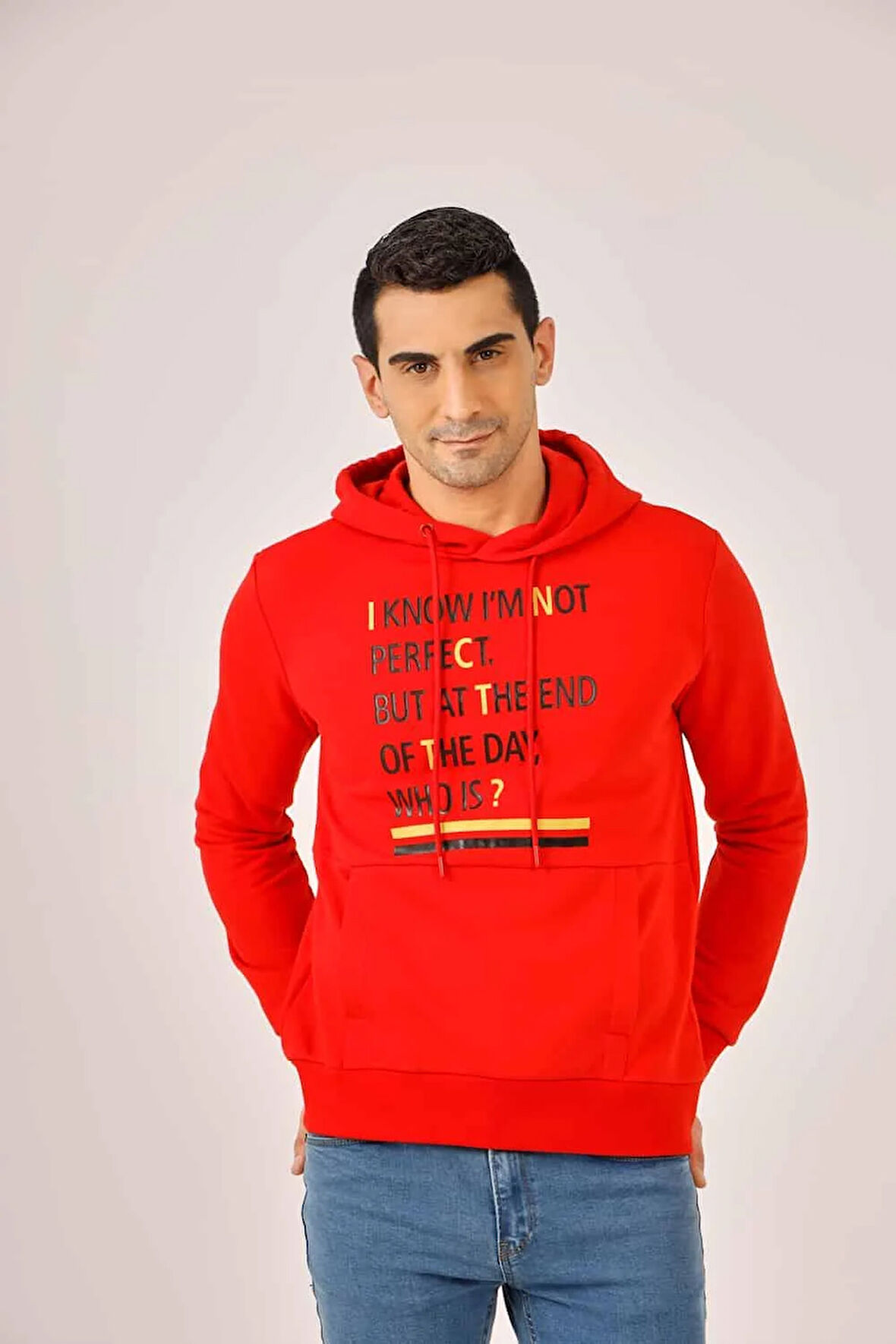 Dufy Kırmızı Erkek Regular Fit Baskılı Pamuklu Kapüşonlu Sweatshirt - 90905