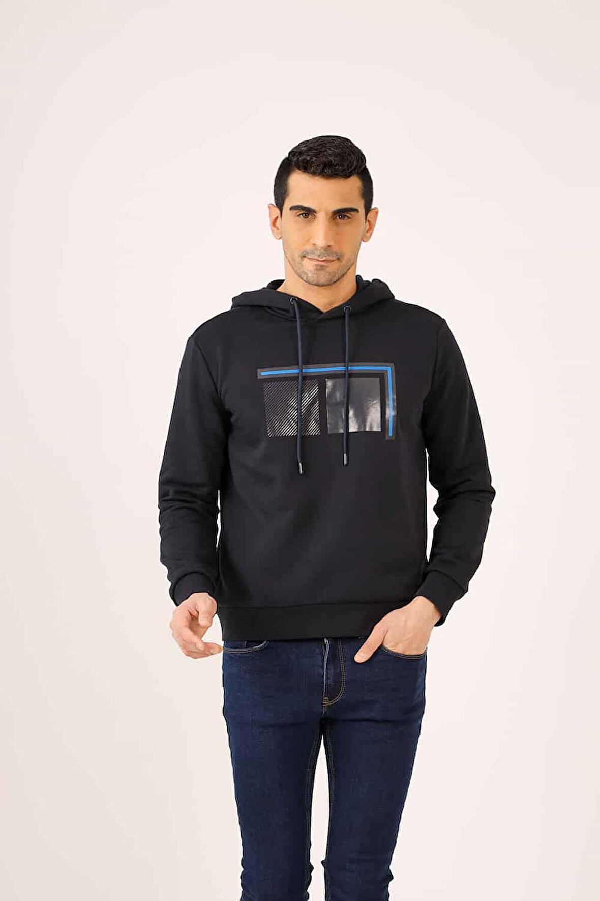 Dufy Lacivert Erkek Regular Fit Baskılı  Kapüşonlu Sweatshirt - 90920