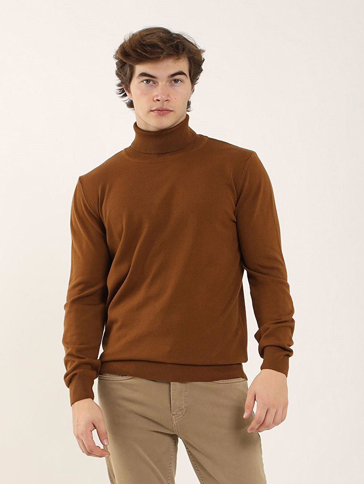 Dufy Tütün Erkek Slim Fit Düz Klasik Tam Balıkçı Yaka Kazak - 91072