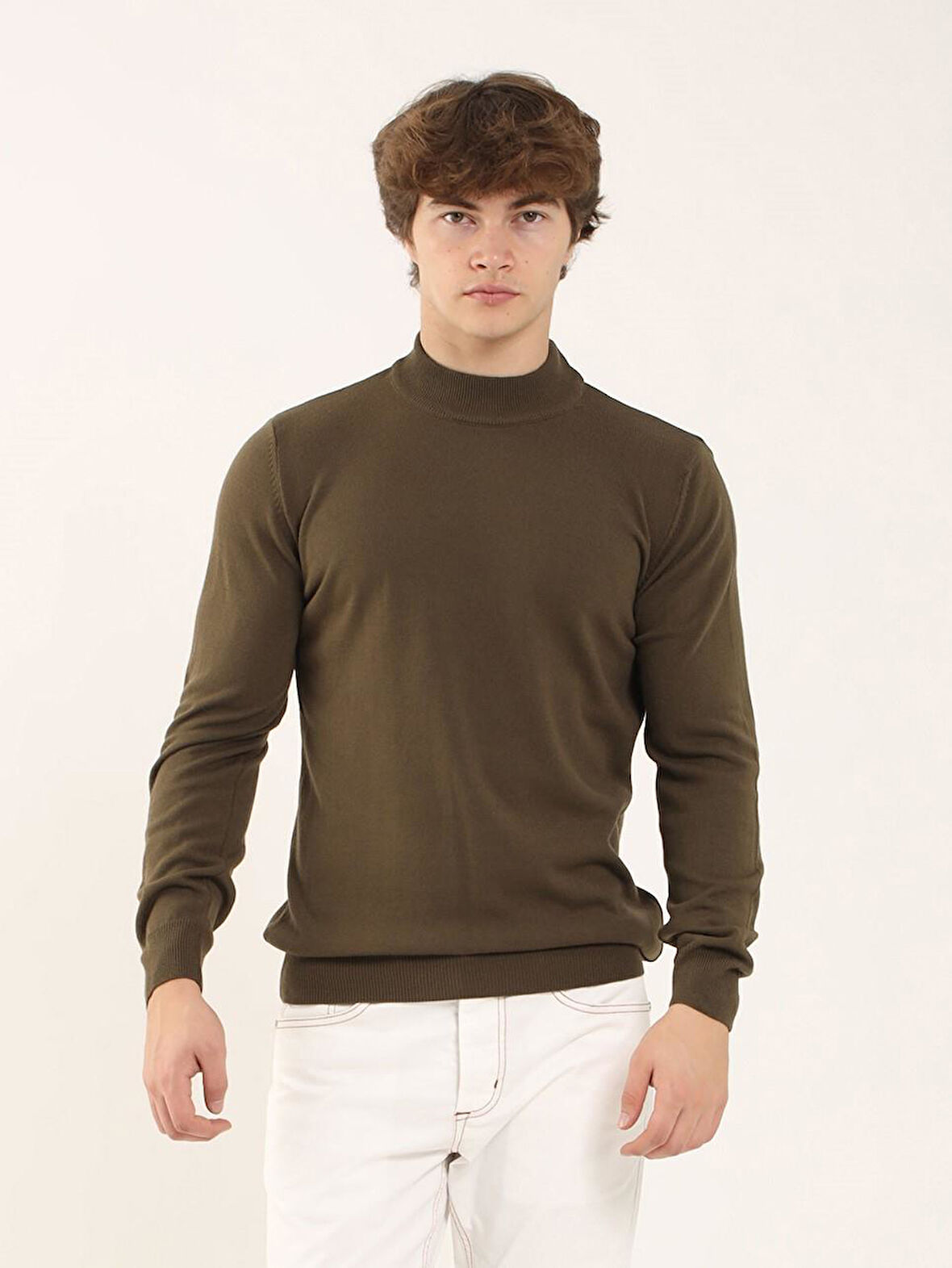 Dufy Haki Erkek Slim Fit Düz Klasik Yarım Balıkçı Yaka Kazak - 91087