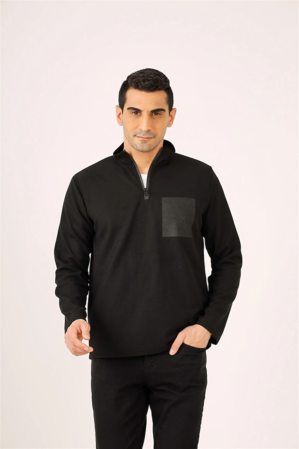 Dufy Siyah Erkek Regular Fit Baskılı Fermuarlı Dik Yaka  Sweatshirt - 91854